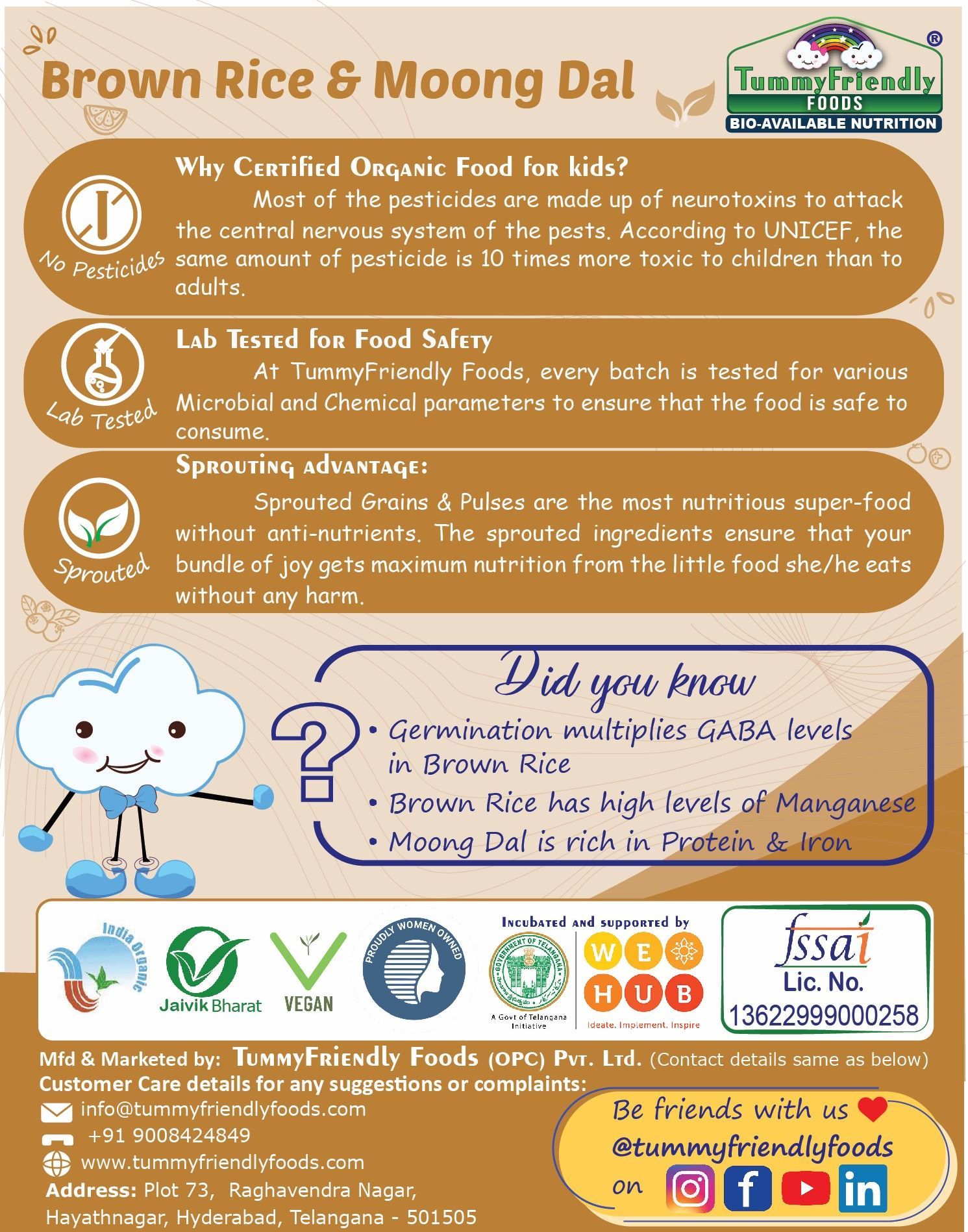 Tummy Friendly Foods Certified 100% Organic Sprouted Brown Rice, Moong Dal Porridge Mix |Excellent Weight Gain Baby Food|Made of Sprouted Whole Grain Brown Rice | 200g Cereal (200 g)