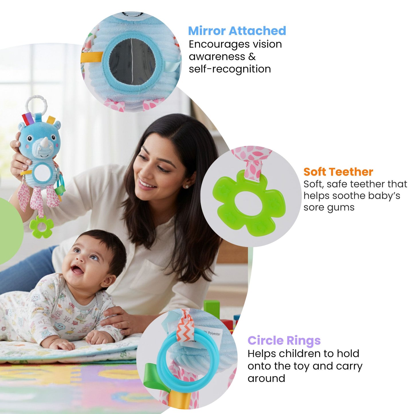 Nuluv Activity Rhino Baby Toy, Plush Sensory Stroller Toy with Teether, Crinkle Leaf & Mirror, Infant Development, Soft & Safe for Teething, 3+ Months