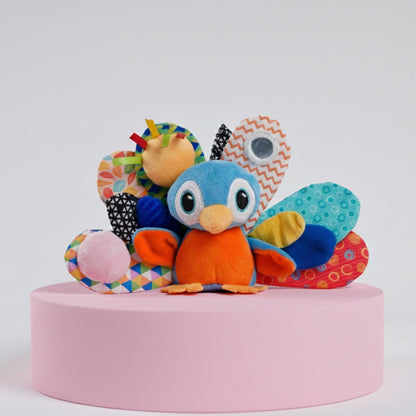 Activity Peacock Soft Stroller Toy for Babies, Crinkle Sound, Rattle and Teether, Sensory Development Toy, Baby-Safe Activity Toy for Touch, Hearing and Teething, for Babies 3+ Months