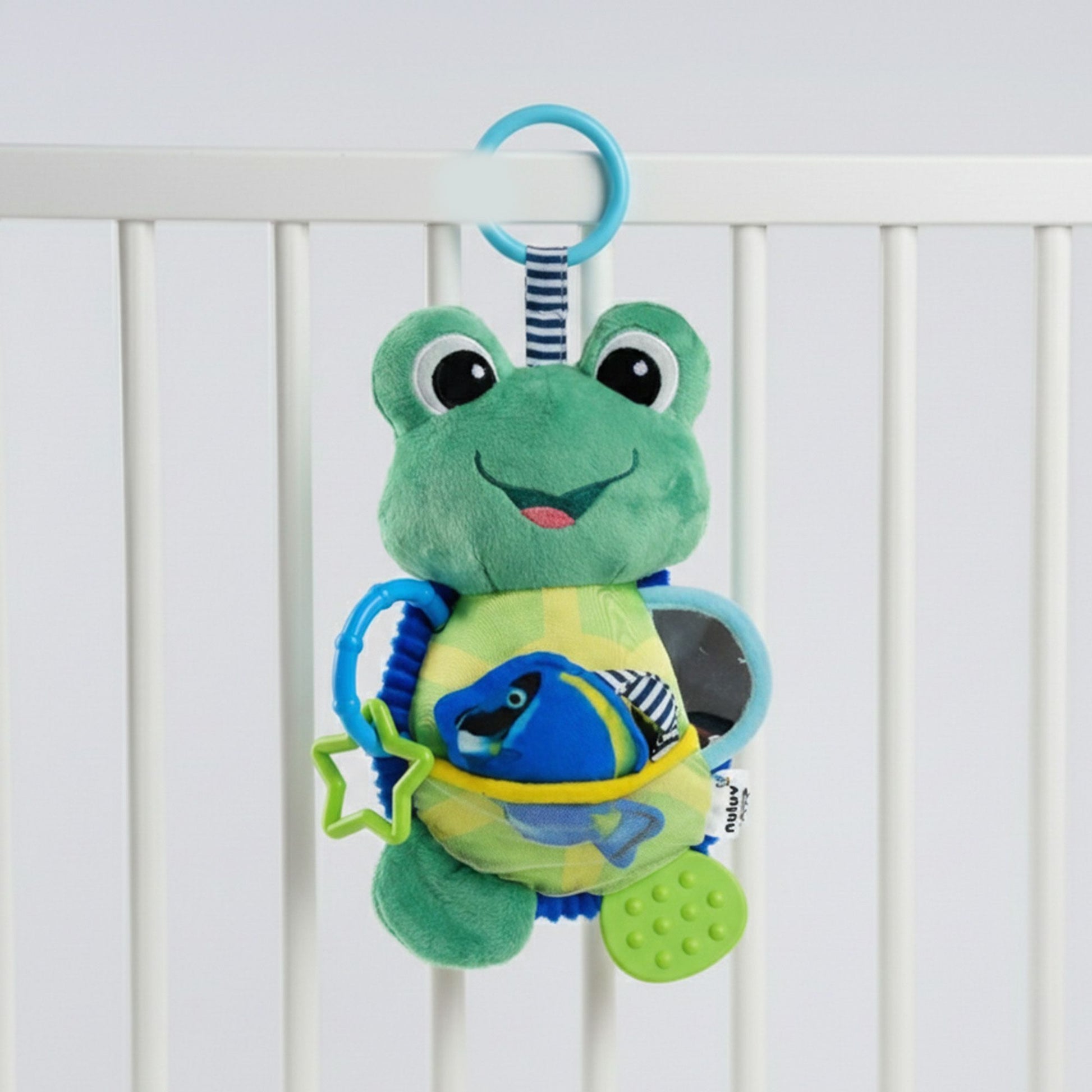 Nuluv Activity Toad Baby Toy, Crinkle Fish, Baby-Safe Mirror, Teethers and Sensory, Stroller Toy for Babies, Lightweight and Interactive Soft Toy, for Babies 3+ Months
