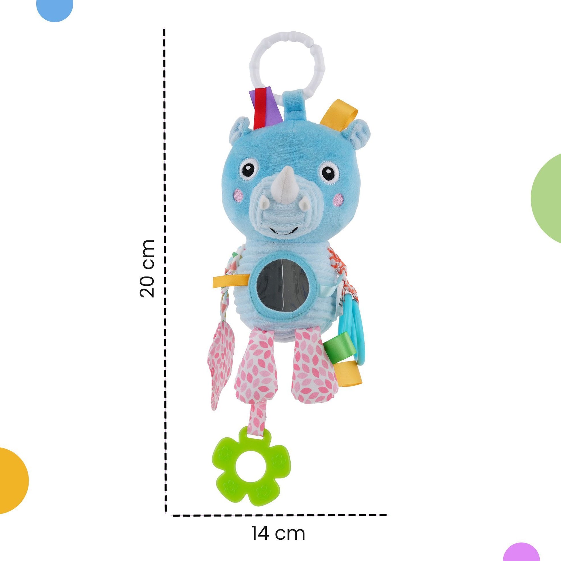 Nuluv Activity Rhino Baby Toy, Plush Sensory Stroller Toy with Teether, Crinkle Leaf & Mirror, Infant Development, Soft & Safe for Teething, 3+ Months