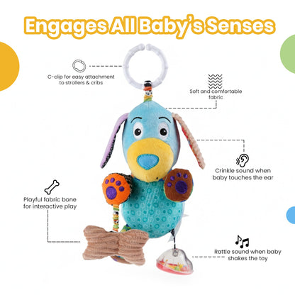 Nuluv Play Puppy Soft Toy for Babies, Plush Rattle Toy with Crinkle Sound and Attached Bone, Baby-Safe Sensory Toy, Lightweight and Cuddly Playtime Companion, for Babies 3+ Months