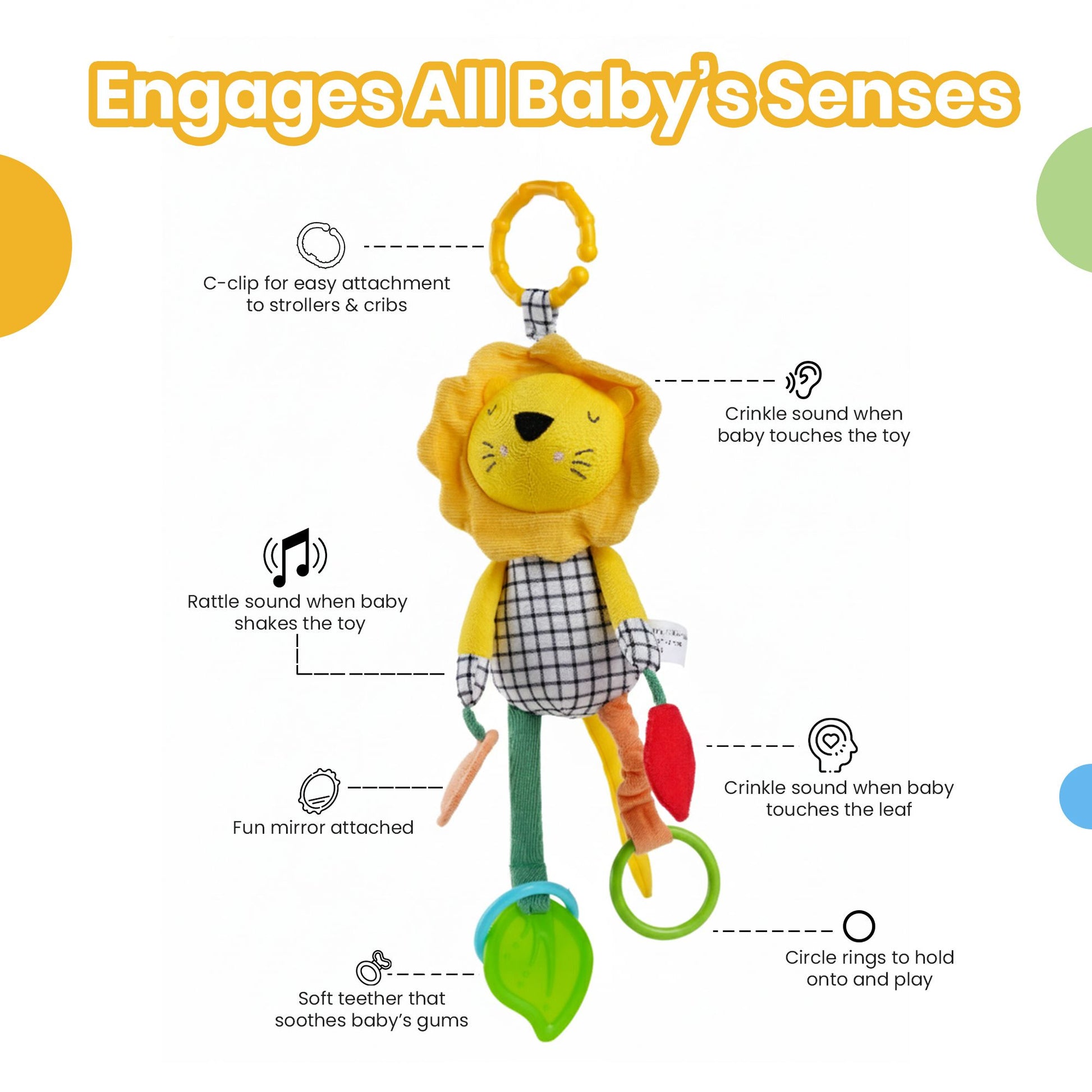 Nuluv Lino Rattle Buddy, Soft Plush Sensory Toy with Rattle, Crinkle Sound, Teether and Baby-Safe Mirror, Lightweight and Easy to Hold, for Babies 3+ Months