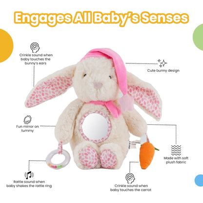 Nuluv Soft Bunny Ring Rattle Toy for Baby with Mirror & Crinkle, Early Development Sensory Toy