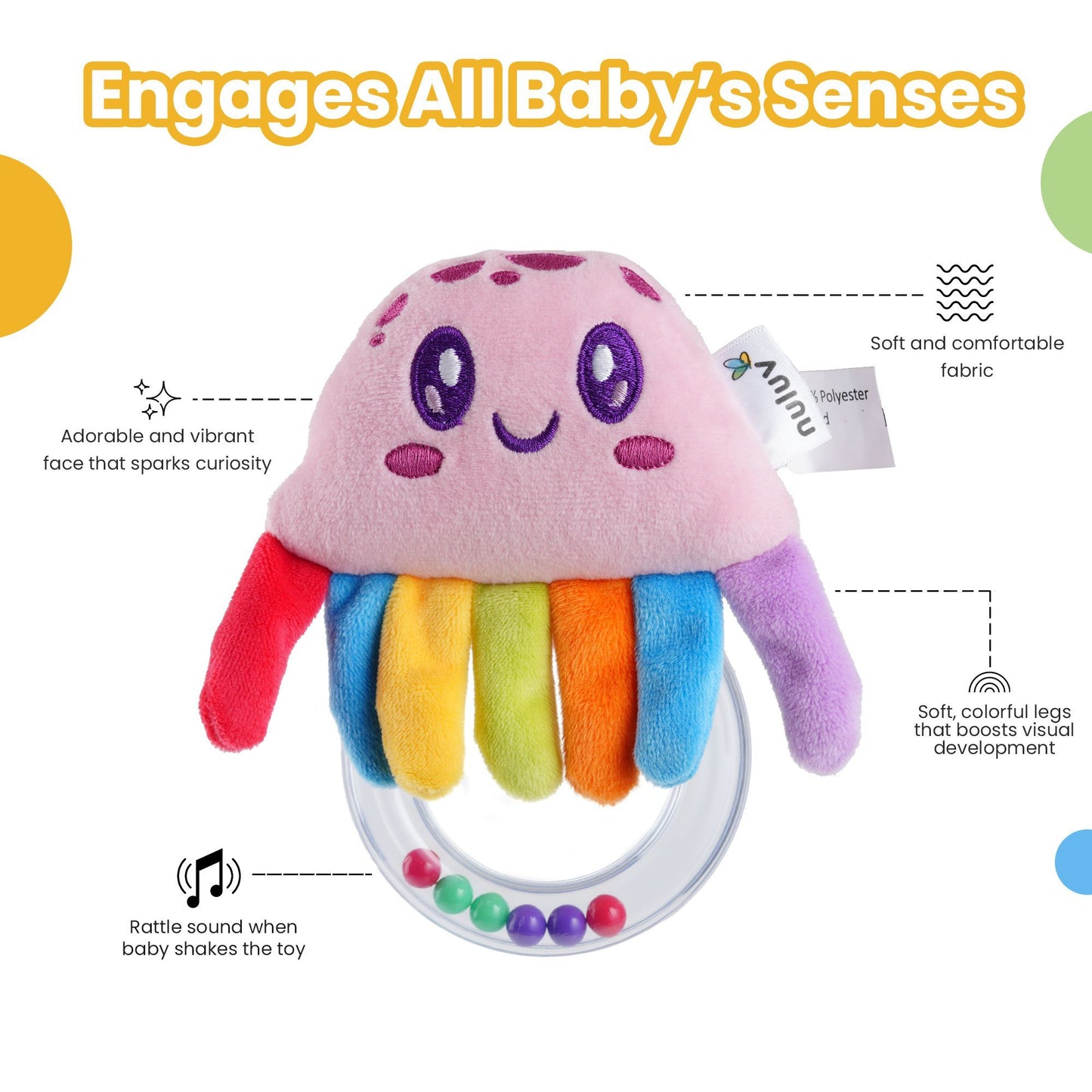Nuluv Jelly Rattle for Babies, Clear Ring with Rattle Balls, Made with Baby-Safe Materials, Sensory Development Toy, Lightweight and Easy-to-Hold Baby Rattle, for Babies 3+ Months