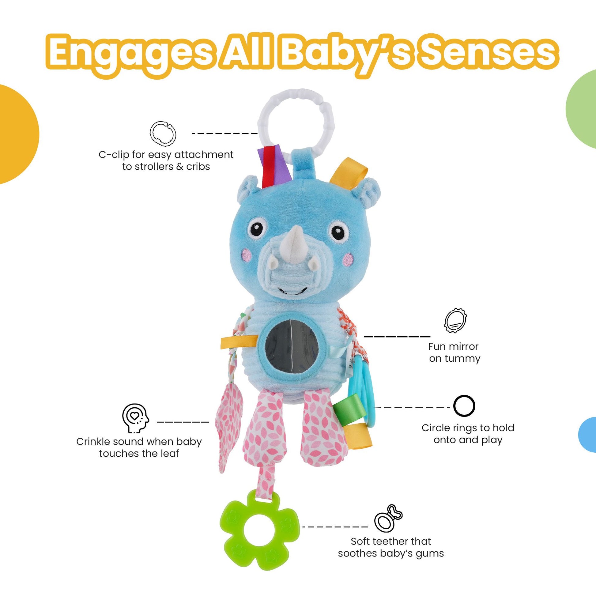Nuluv Activity Rhino Baby Toy, Plush Sensory Stroller Toy with Teether, Crinkle Leaf & Mirror, Infant Development, Soft & Safe for Teething, 3+ Months