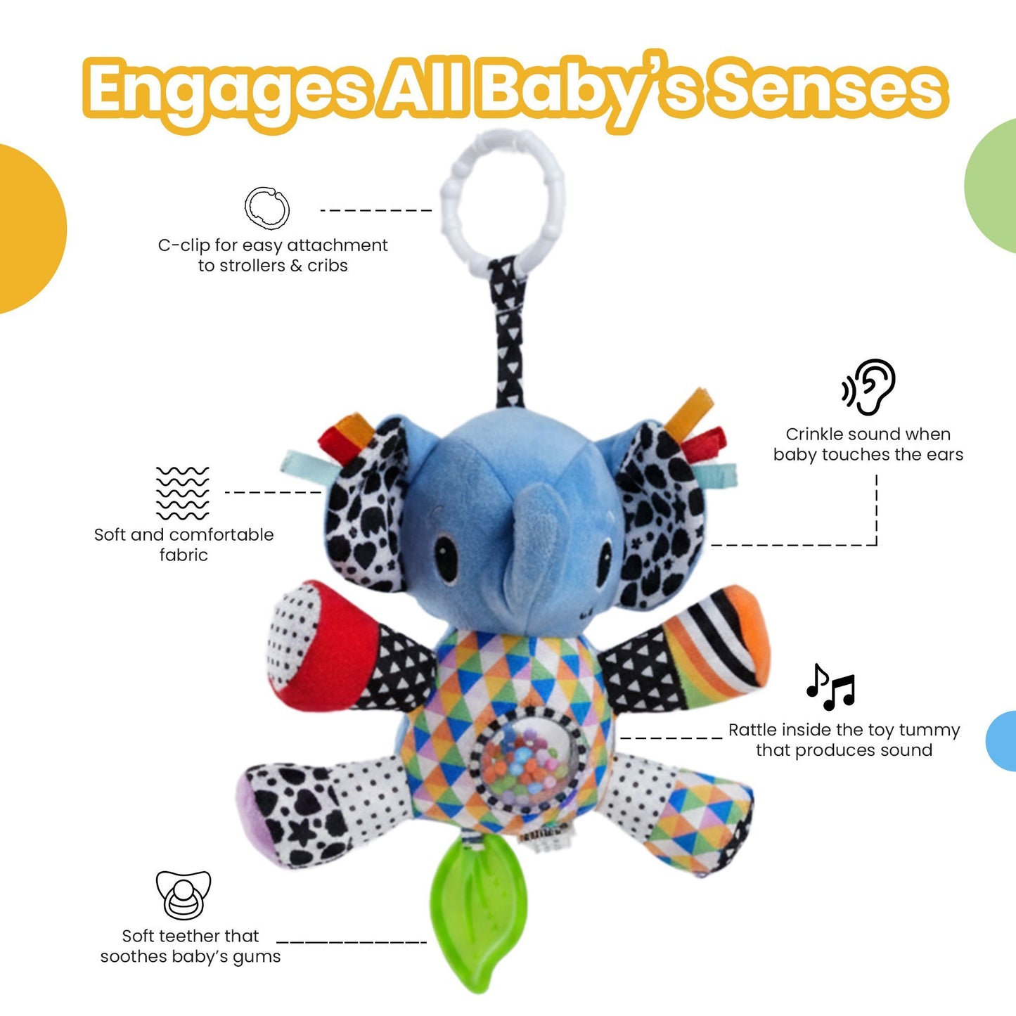 Nuluv Activity Elephant Soft Stroller Toy for Babies, Crinkle Sound, Rattle and Teether, Sensory Development Toy, Baby-Safe Activity Toy for Touch, Hearing and Teething, for Babies 3+ Months