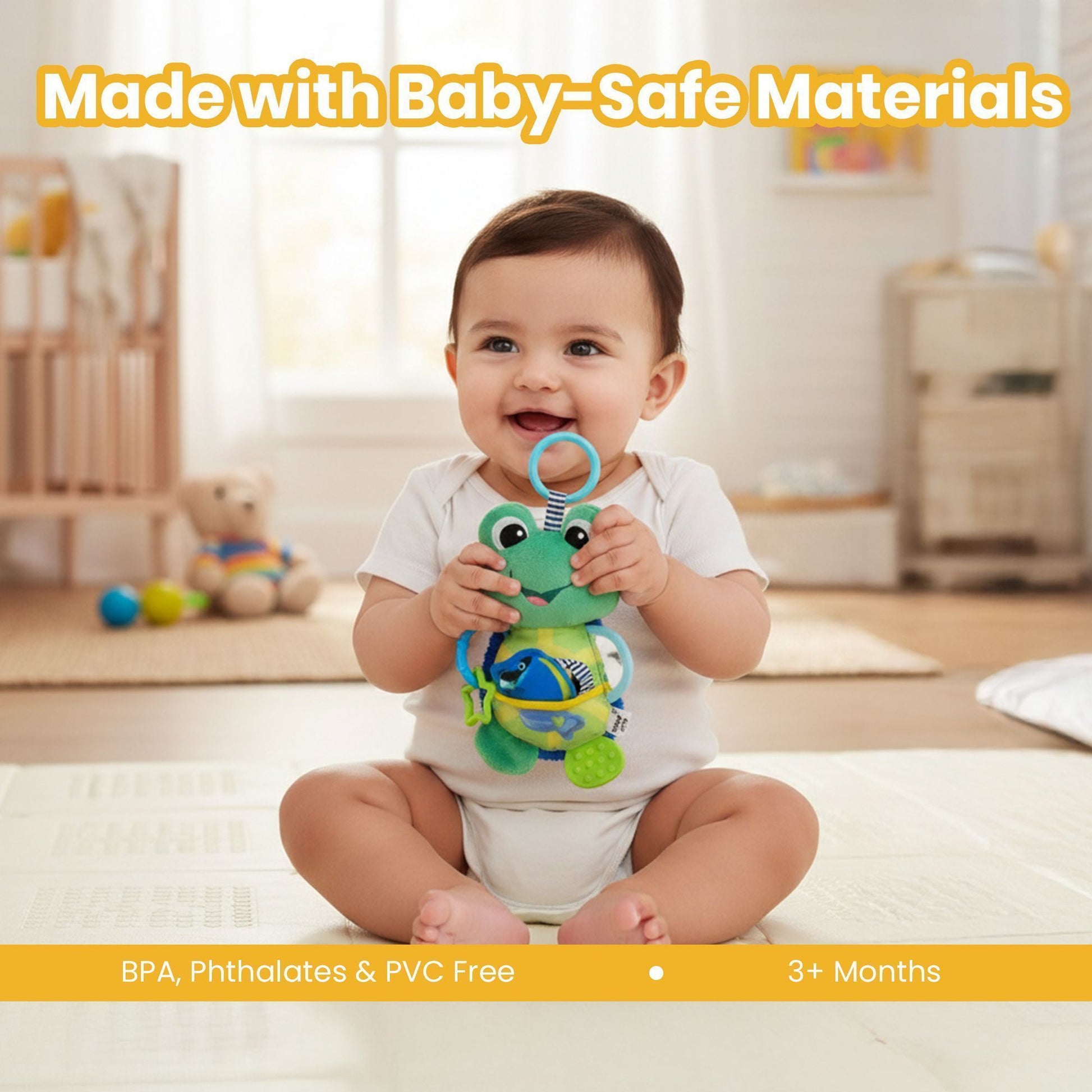 Nuluv Activity Toad Baby Toy, Crinkle Fish, Baby-Safe Mirror, Teethers and Sensory, Stroller Toy for Babies, Lightweight and Interactive Soft Toy, for Babies 3+ Months
