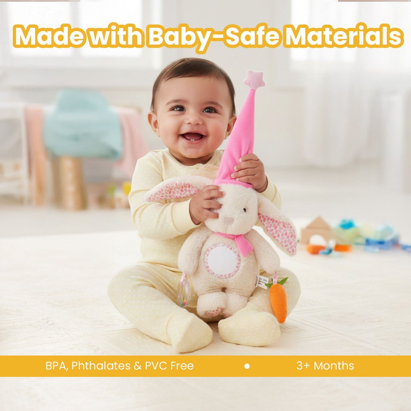 Nuluv Soft Bunny Ring Rattle Toy for Baby with Mirror & Crinkle, Early Development Sensory Toy