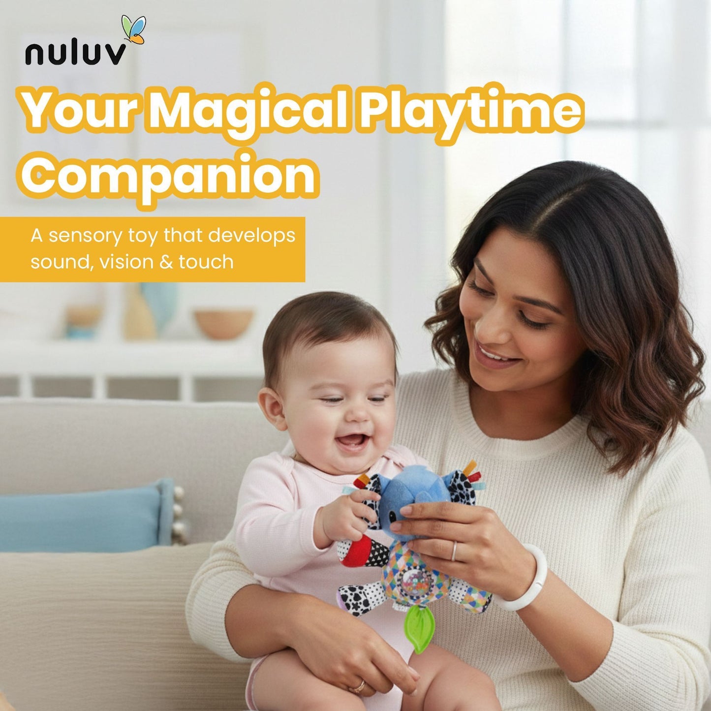Nuluv Activity Elephant Soft Stroller Toy for Babies, Crinkle Sound, Rattle and Teether, Sensory Development Toy, Baby-Safe Activity Toy for Touch, Hearing and Teething, for Babies 3+ Months