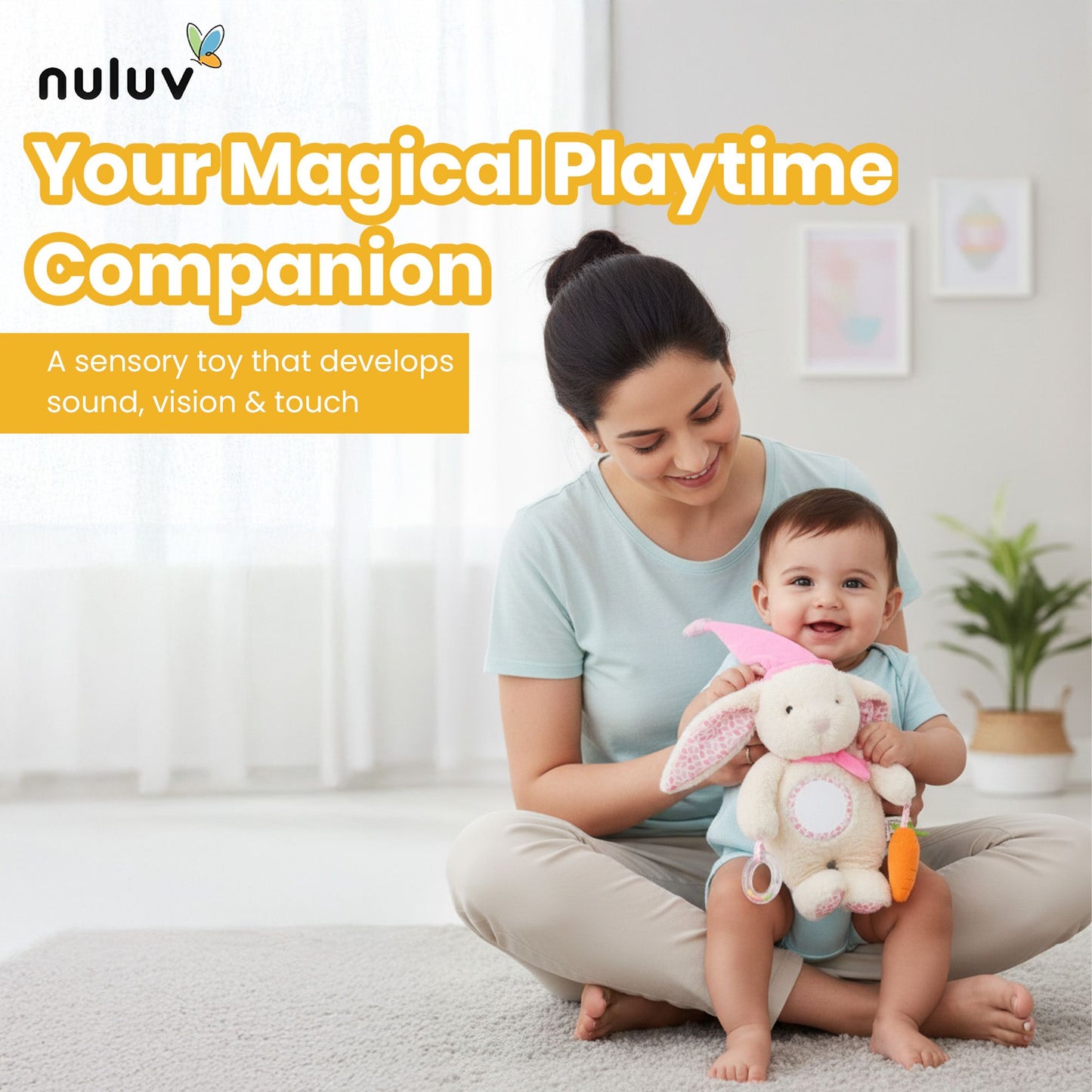 Nuluv Soft Bunny Ring Rattle Toy for Baby with Mirror & Crinkle, Early Development Sensory Toy
