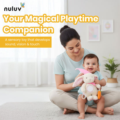 Nuluv Soft Bunny Ring Rattle Toy for Baby with Mirror & Crinkle, Early Development Sensory Toy