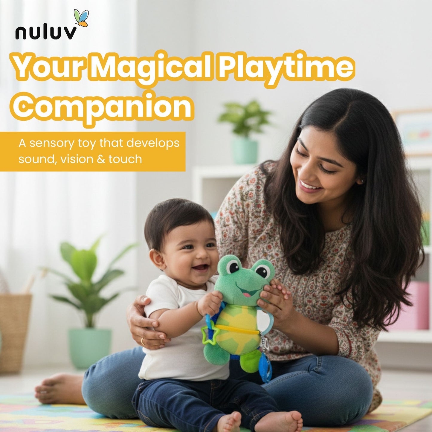 Nuluv Activity Toad Baby Toy, Crinkle Fish, Baby-Safe Mirror, Teethers and Sensory, Stroller Toy for Babies, Lightweight and Interactive Soft Toy, for Babies 3+ Months