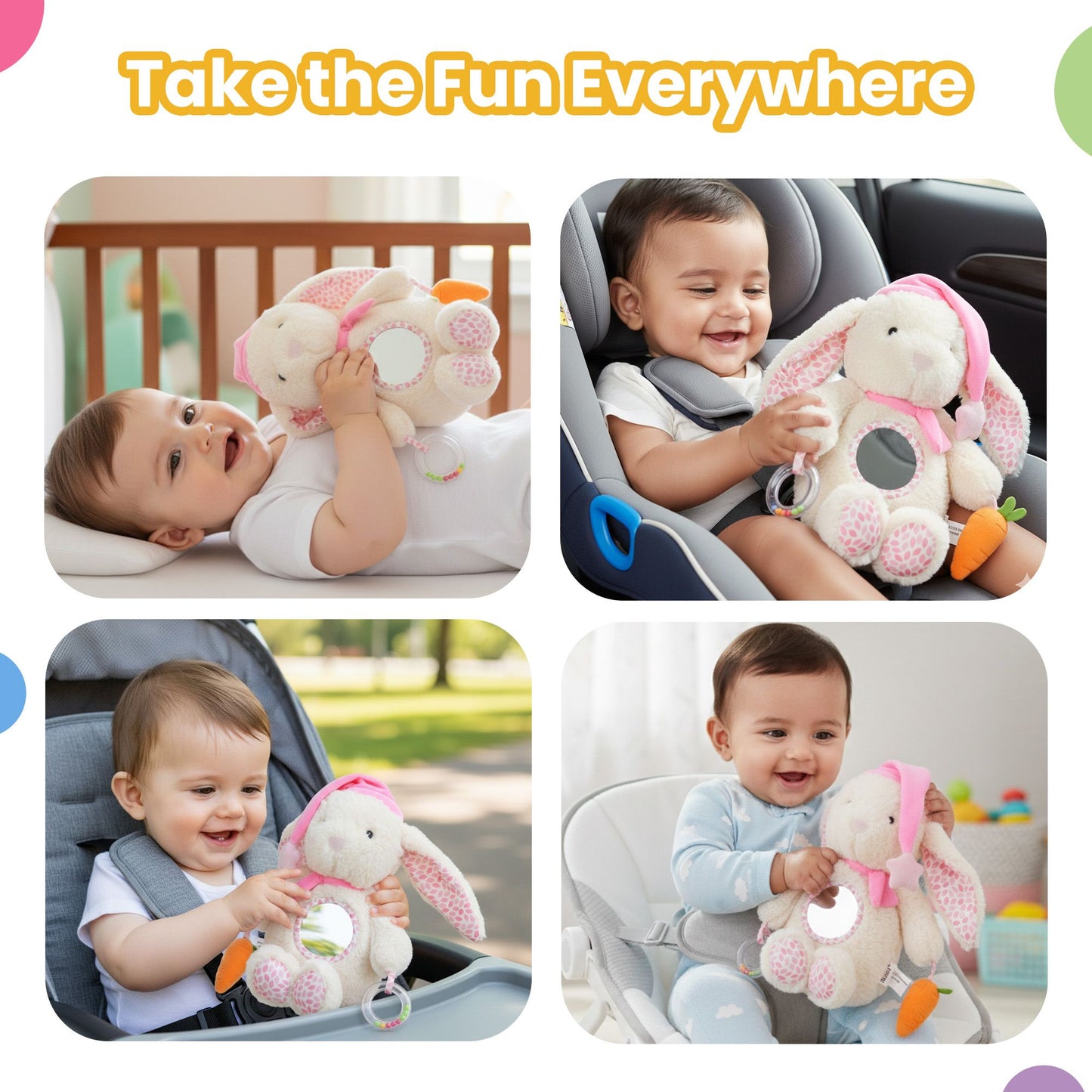 Nuluv Soft Bunny Ring Rattle Toy for Baby with Mirror & Crinkle, Early Development Sensory Toy