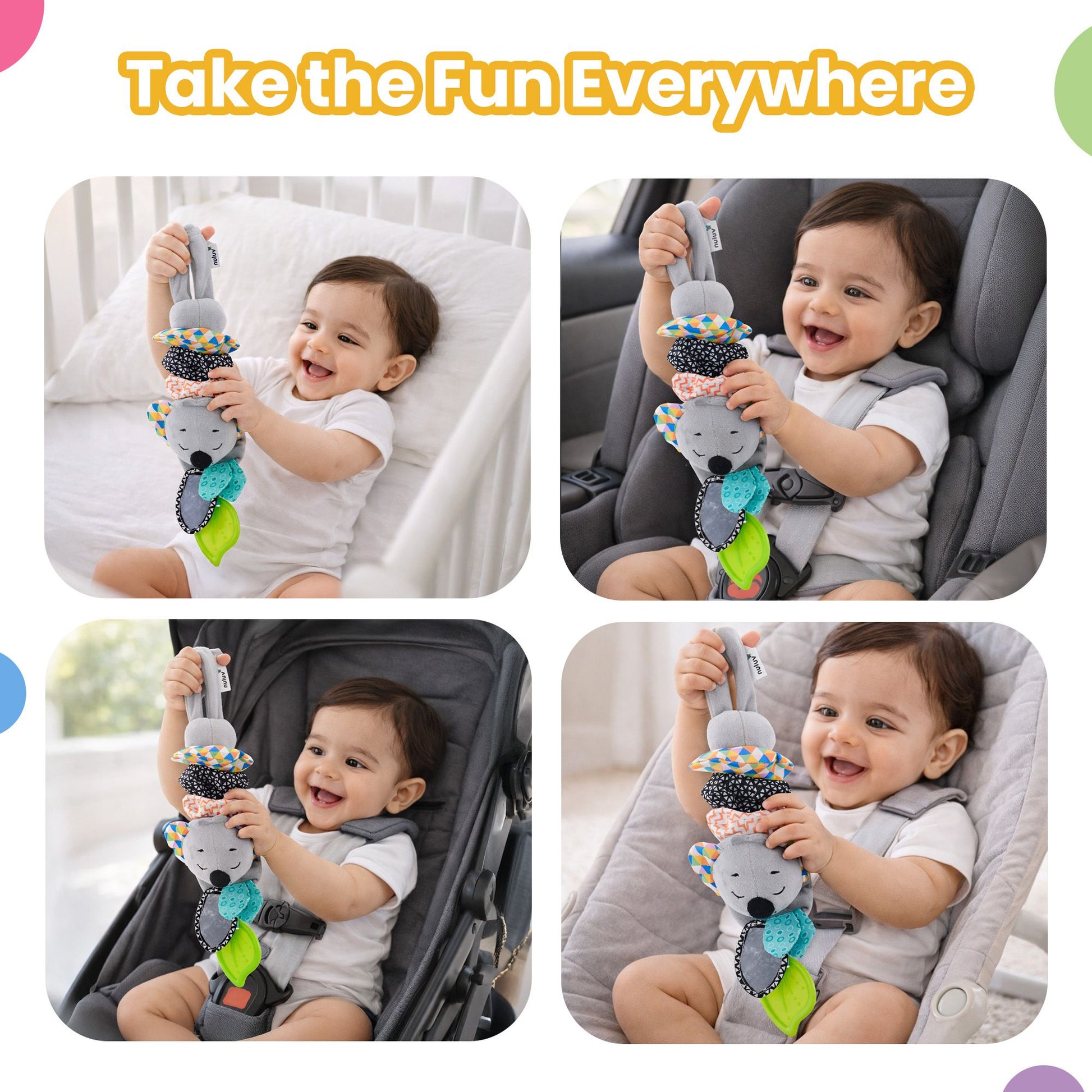 Nuluv Musical Koala Baby Stroller Toy, Soft Plush Sensory Jitter Toy with Music, Teether & Crinkle Ears, Calming Bedtime Companion, Soothing Sound & Vibration, for Babies Aged 3+ Months