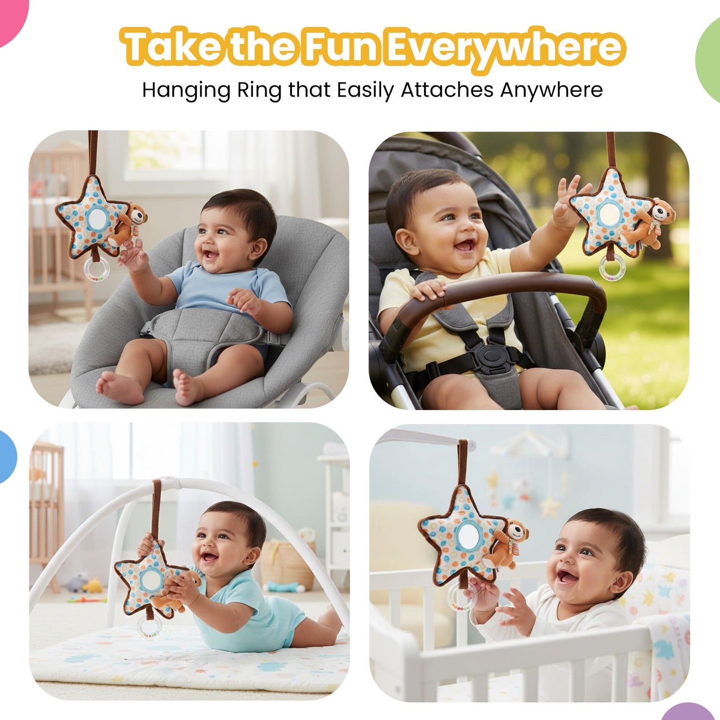 Nuluv Bear on Star Soft Toy for Babies, Plush Rattle Toy with Baby-Safe Mirror, Lightweight and Cuddly Sensory Toy, Soft, Safe and Easy to Hold, for Babies 3+ Months
