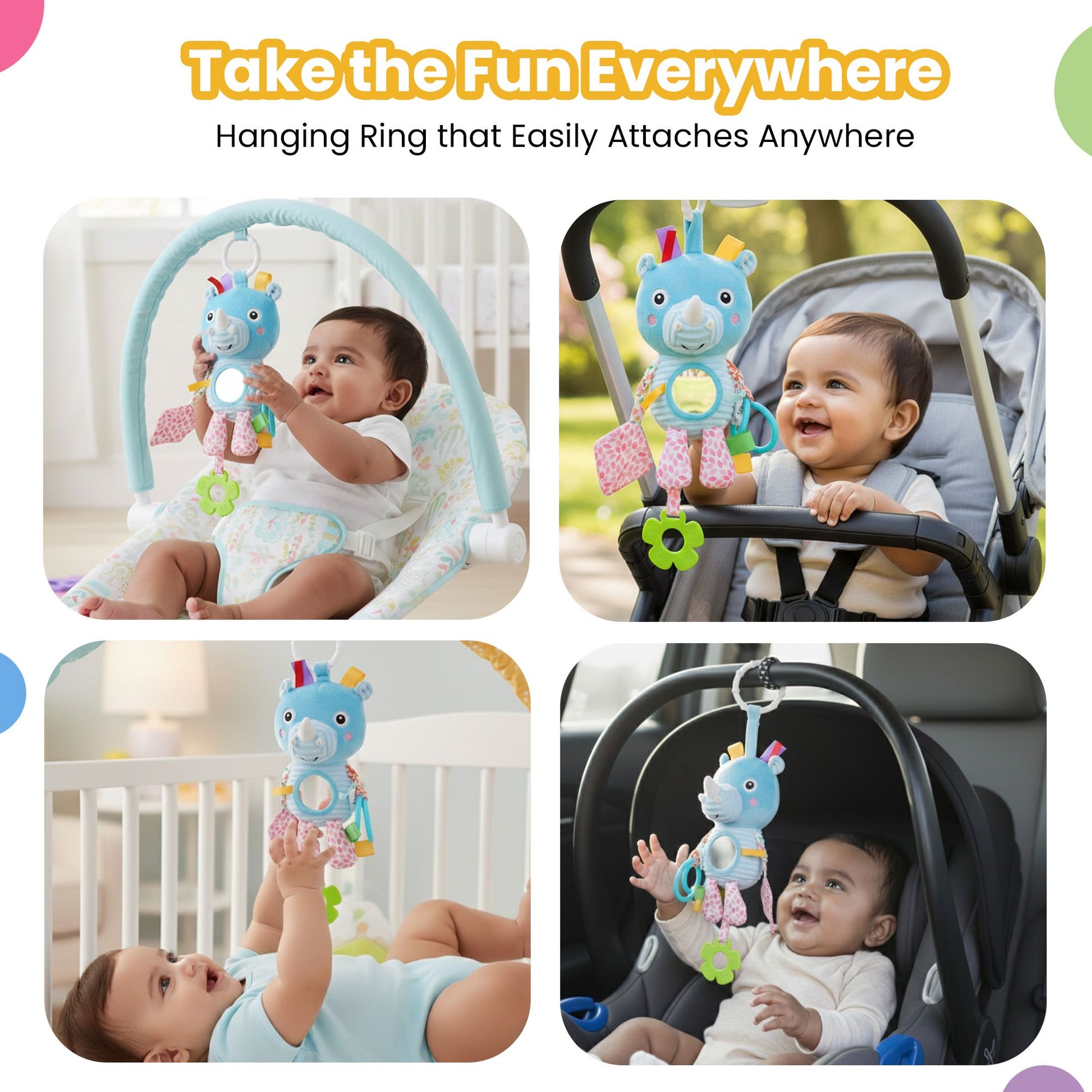 Nuluv Activity Rhino Baby Toy, Plush Sensory Stroller Toy with Teether, Crinkle Leaf & Mirror, Infant Development, Soft & Safe for Teething, 3+ Months