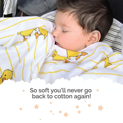TinyLane 100% Organic Bamboo Cotton Muslin Baby Swaddle Wrappers Duck & Classic White Print Pack of 2 - Multicolor