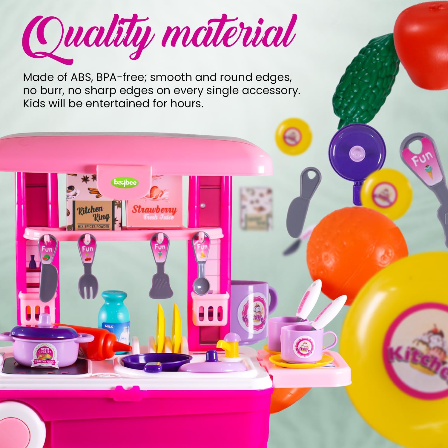 Baybee Pretend Play Kitchen Set for Kids, Little Chef Kids Big Cooking playset with Accessories Pots, Food Toys with Adorable Portable Trolley Light & Sound Birthday Gift for 1+ Years Kid (Pink)