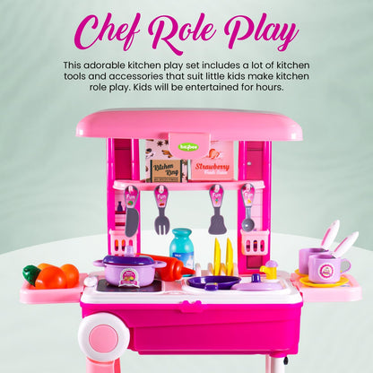 Baybee Pretend Play Kitchen Set for Kids, Little Chef Kids Big Cooking playset with Accessories Pots, Food Toys with Adorable Portable Trolley Light & Sound Birthday Gift for 1+ Years Kid (Pink)