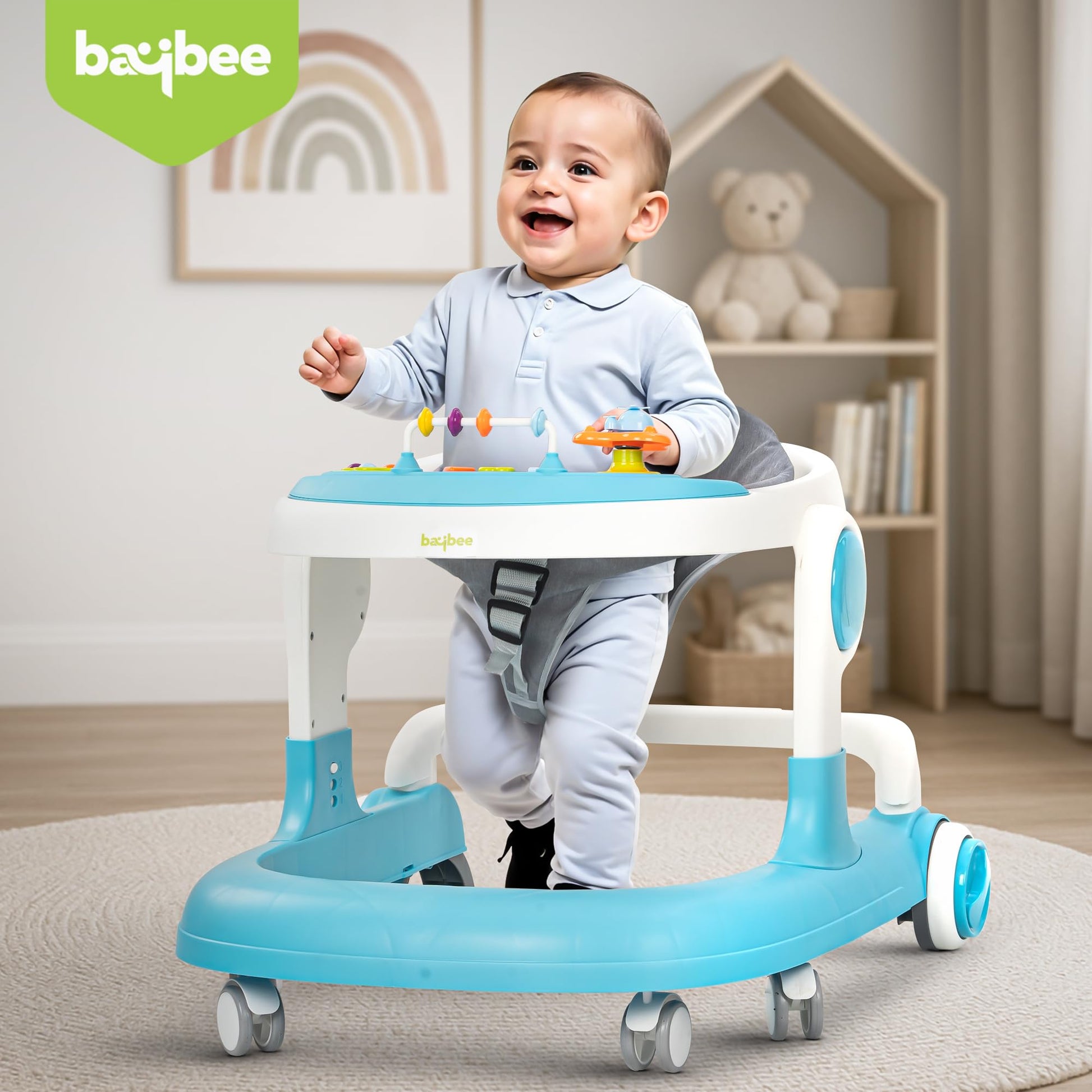 Baybee 2 in 1 Baby Walker for Kids with Adjustable Height & Wheel Lock | Activity Push Walker for Baby with Musical Toy Bar & Stopper | Kids Walker Baby 6-18 Months Boy Girl (Blue)