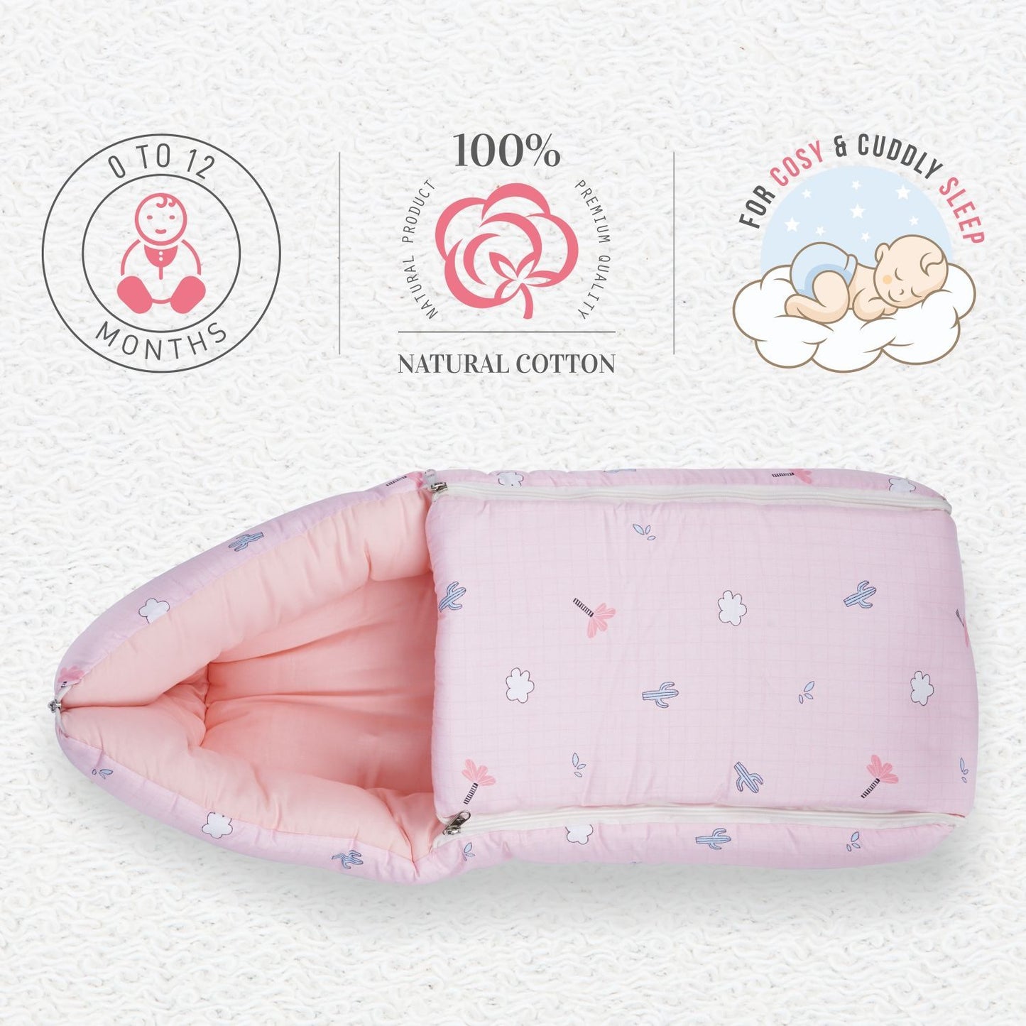 R for Rabbit Snuggy Baby Bed - Easy To Carry, Convertible, High Quality Zip, 100% Natural Cotton Blush Pink