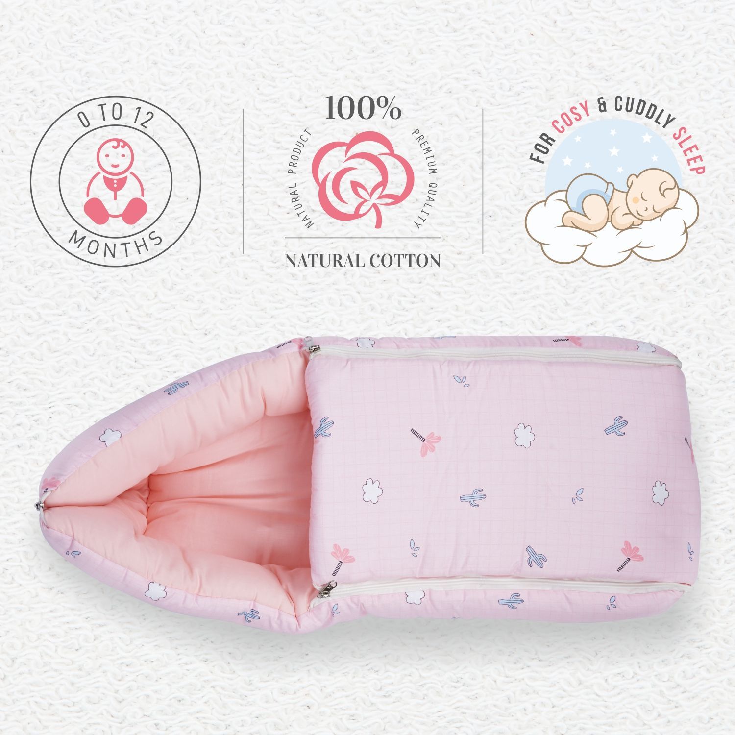 R for Rabbit Snuggy Baby Bed - Easy To Carry, Convertible, High Quality Zip, 100% Natural Cotton Blush Pink