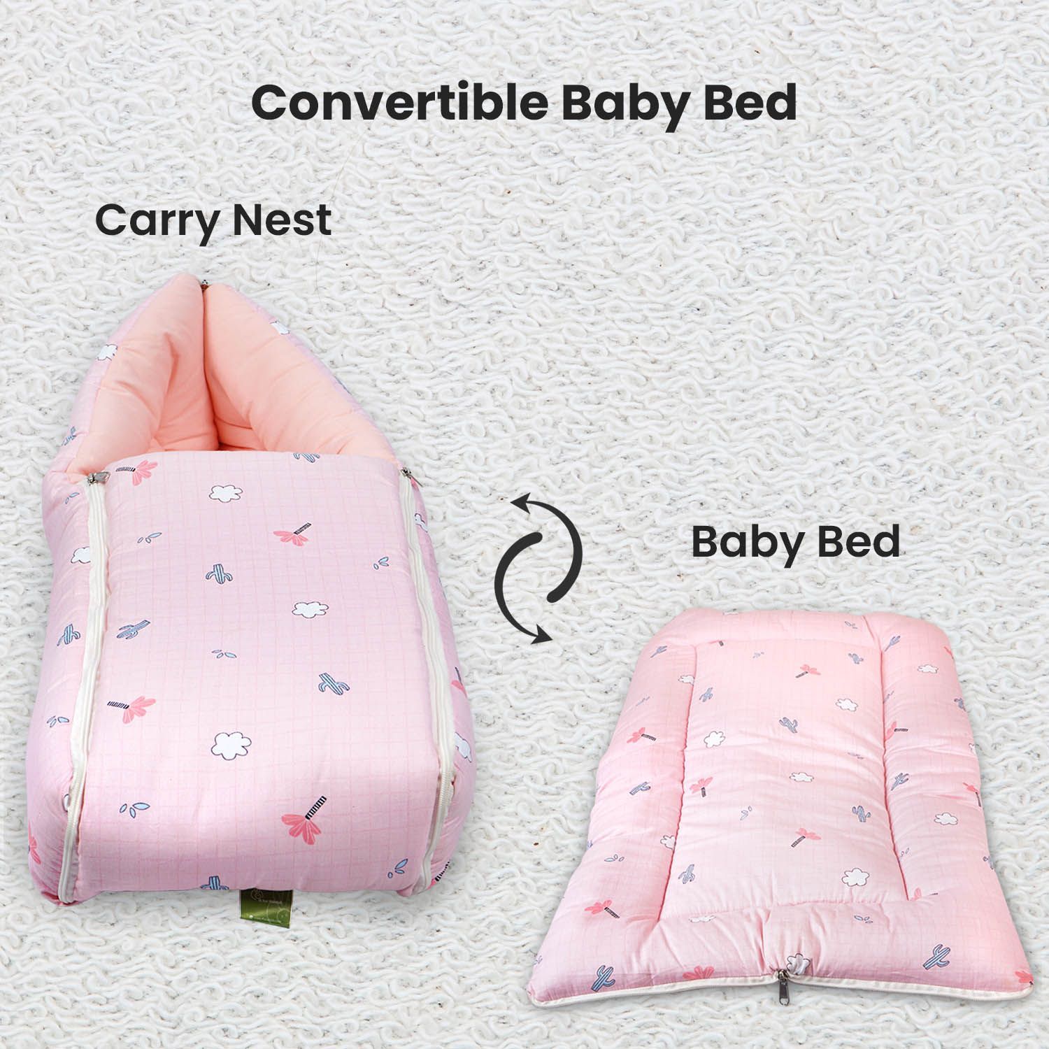 R for Rabbit Snuggy Baby Bed - Easy To Carry, Convertible, High Quality Zip, 100% Natural Cotton Blush Pink
