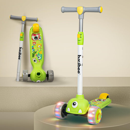 Baybee Maxi Kick Scooter for Kids, 3 Wheel Kids Scooter with 3 Height Adjustable Handle, Skate Scooter with Led PU Wheels & Rear Brake, Runner Scooter for Kids 2 to 10 Years Boys Girls (Green)