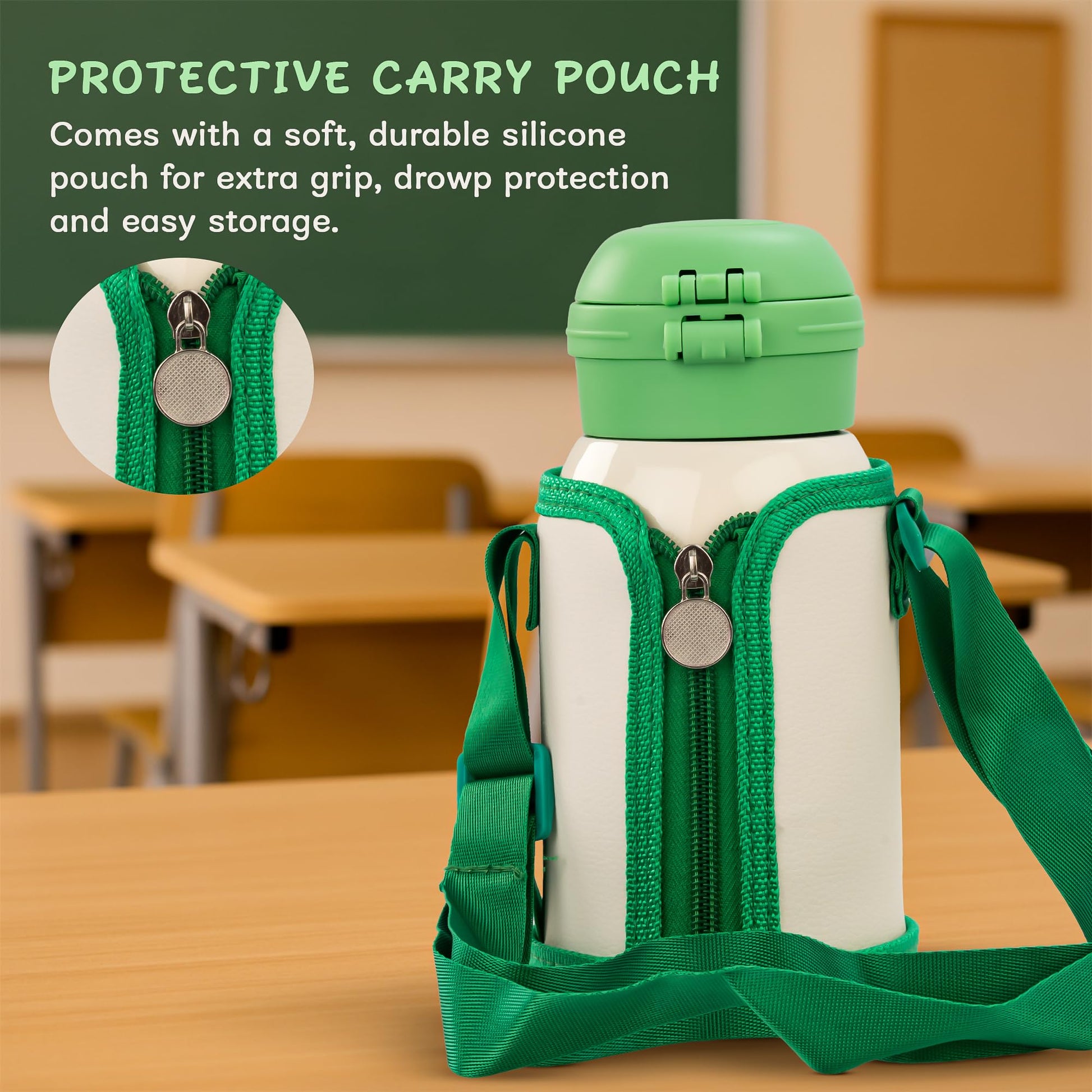 BAYBEE 2 in 1 PandaPlunge Baby Sipper Water Bottle with Straw for Kids | Leak Proof Sipper Water Bottle with Carry Pouch & Adjustable Strap | BPA Free & Non-Toxic with 550ml Drinking Bottle (Green)