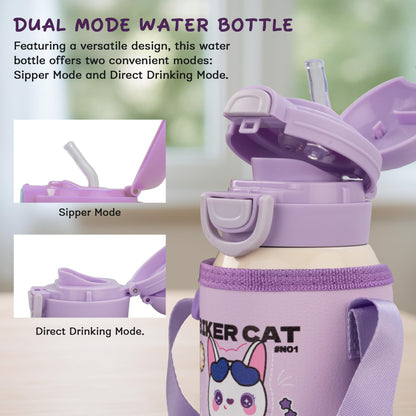Baybee 2 in 1 PandaPlunge Baby Sipper Bottle with Straw for Kids | Leak Proof Sipper Water Bottle with Carry Pouch & Adjustable Strap | BPA Free & Non-Toxic with 550ml Capacity | Drinking Water Bottle for School Kids Boys Girls (Purple)