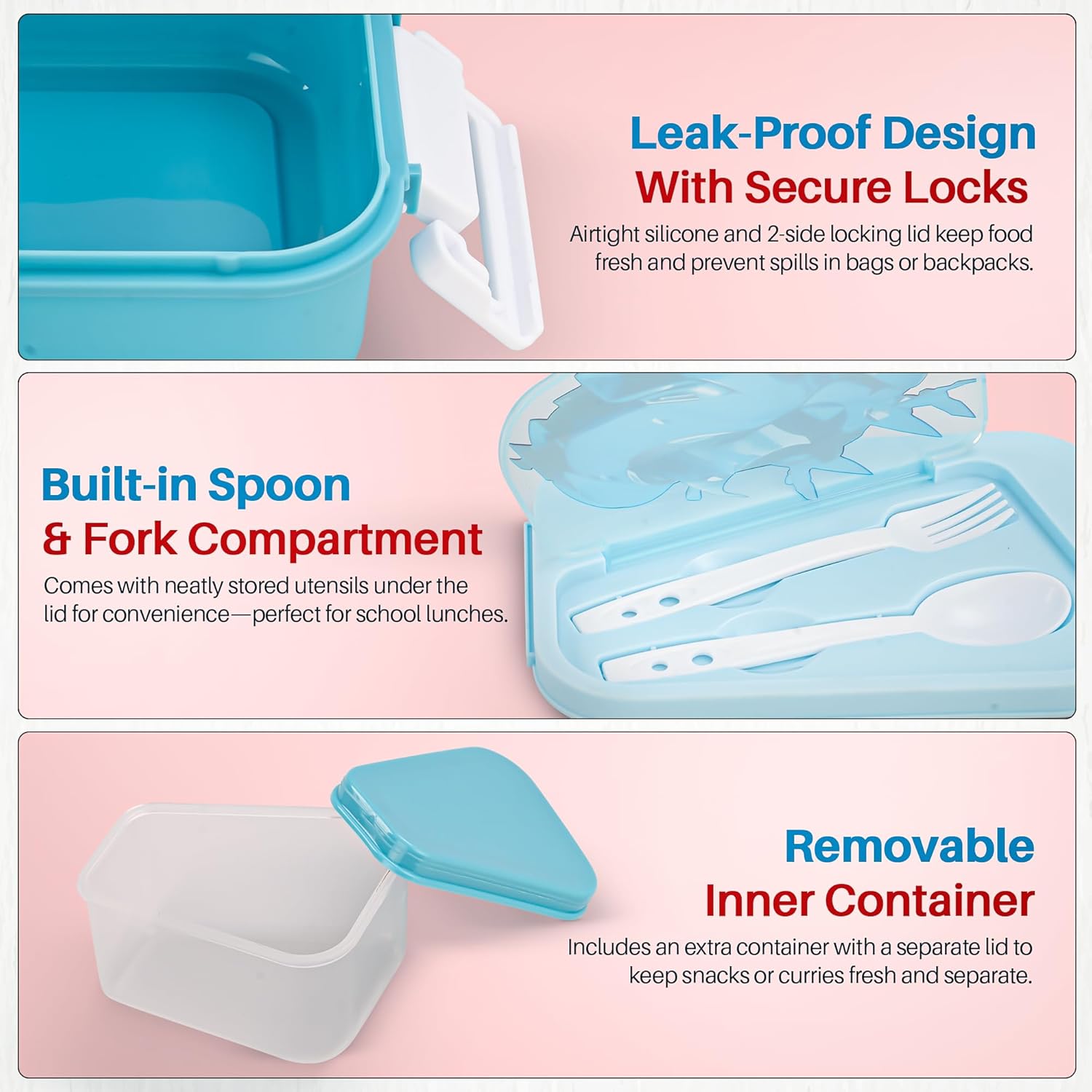 BAYBEE Zigzo Kids Lunch Box 900ml with Spoon & Fork | BPA -Free, Food Grade Bento Box with Lock Lid, Removable Inner Container | Freezer & Dishwasher Safe Tiffin Box for School Boys Girls (Blue)
