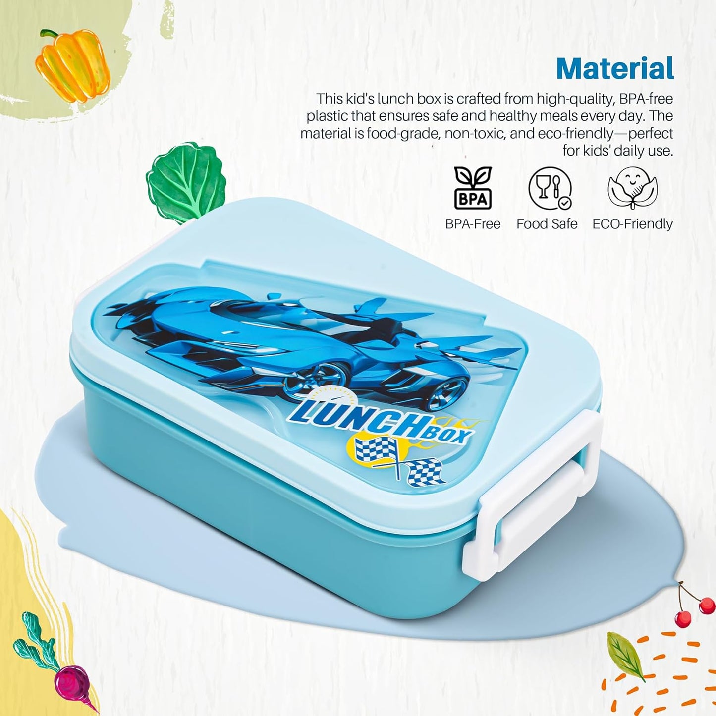 BAYBEE Zigzo Kids Lunch Box 900ml with Spoon & Fork | BPA -Free, Food Grade Bento Box with Lock Lid, Removable Inner Container | Freezer & Dishwasher Safe Tiffin Box for School Boys Girls (Blue)