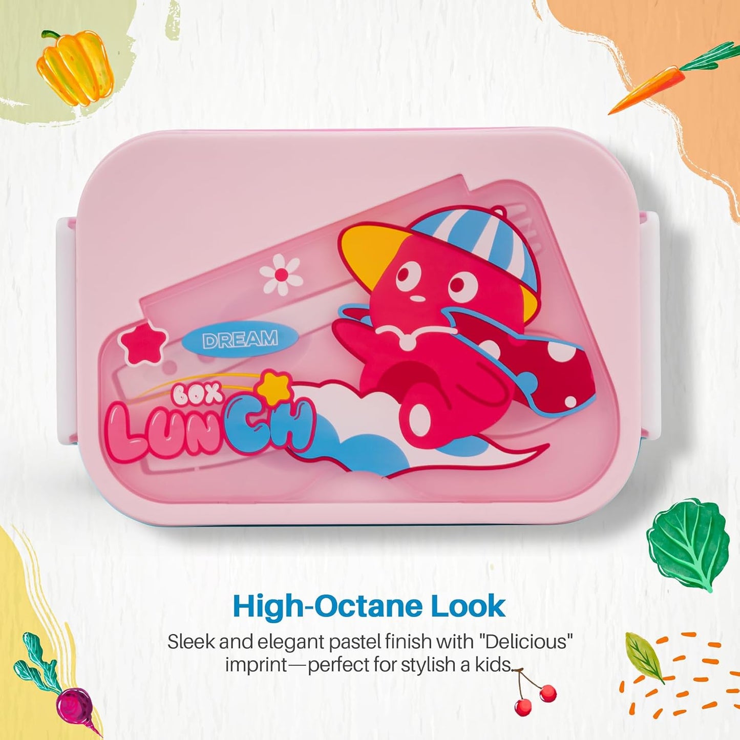 BAYBEE Zigzo Kids Lunch Box 900ml with Spoon & Fork | BPA -Free, Food Grade Bento Box with Lock Lid, Removable Inner Container | Freezer & Dishwasher Safe Tiffin Box for School Boys Girls (Pink)