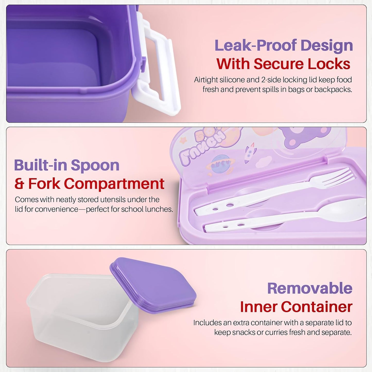 BAYBEE Zigzo Kids Lunch Box 900ml with Spoon & Fork | BPA -Free, Food Grade Bento Box with Lock Lid, Removable Inner Container | Freezer & Dishwasher Safe Tiffin Box for School Boys Girls (Purple)
