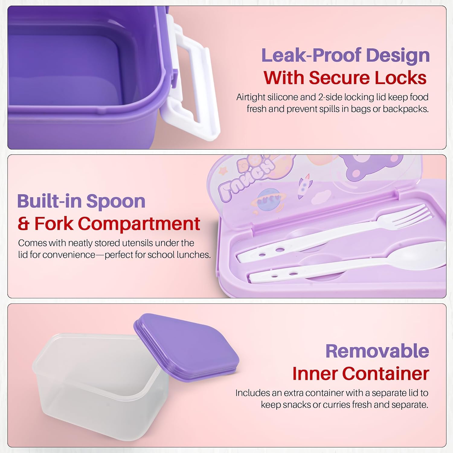 BAYBEE Zigzo Kids Lunch Box 900ml with Spoon & Fork | BPA -Free, Food Grade Bento Box with Lock Lid, Removable Inner Container | Freezer & Dishwasher Safe Tiffin Box for School Boys Girls (Purple)