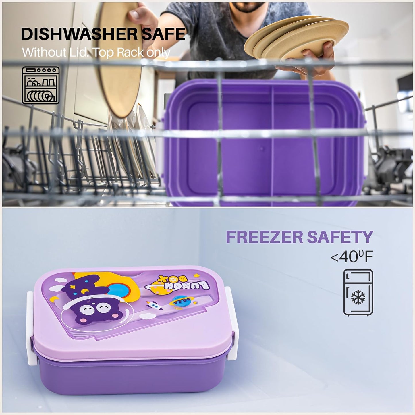 BAYBEE Zigzo Kids Lunch Box 900ml with Spoon & Fork | BPA -Free, Food Grade Bento Box with Lock Lid, Removable Inner Container | Freezer & Dishwasher Safe Tiffin Box for School Boys Girls (Purple)