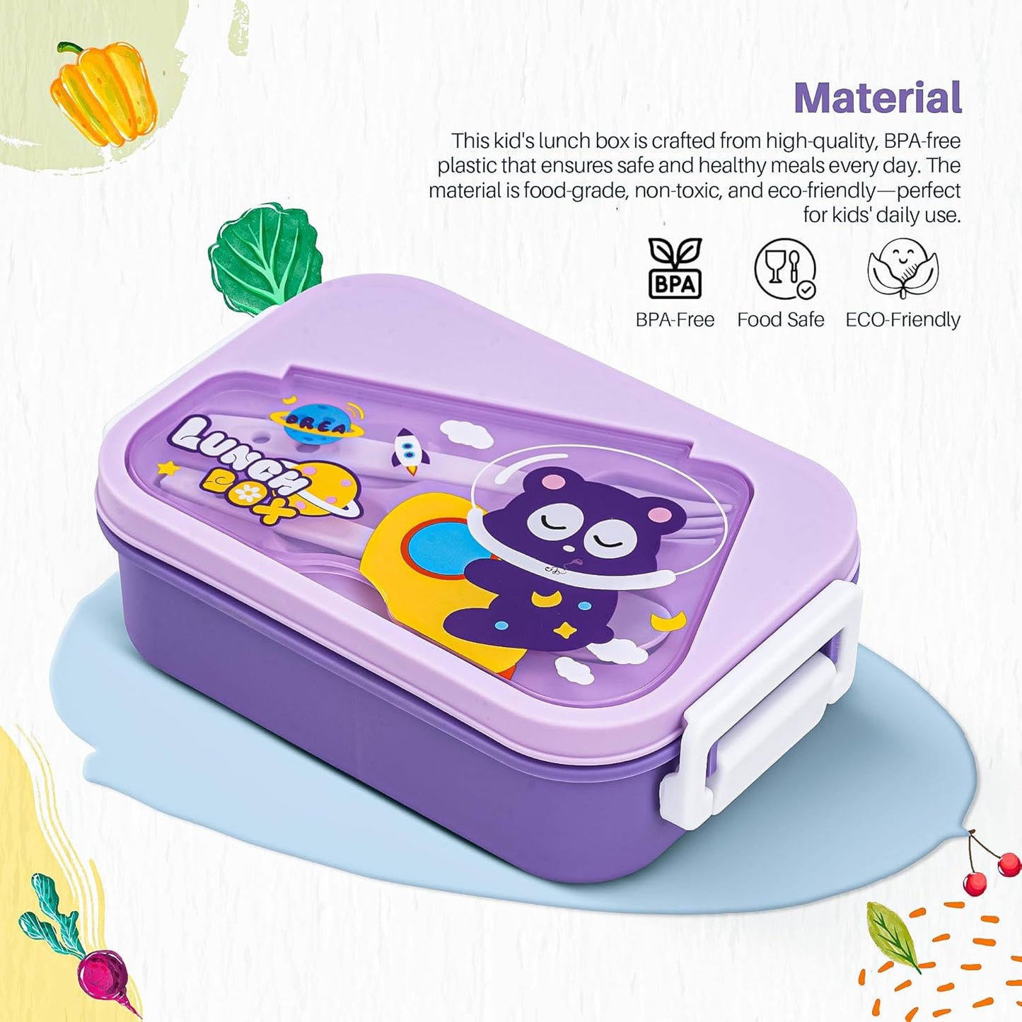 BAYBEE Zigzo Kids Lunch Box 900ml with Spoon & Fork | BPA -Free, Food Grade Bento Box with Lock Lid, Removable Inner Container | Freezer & Dishwasher Safe Tiffin Box for School Boys Girls (Purple)