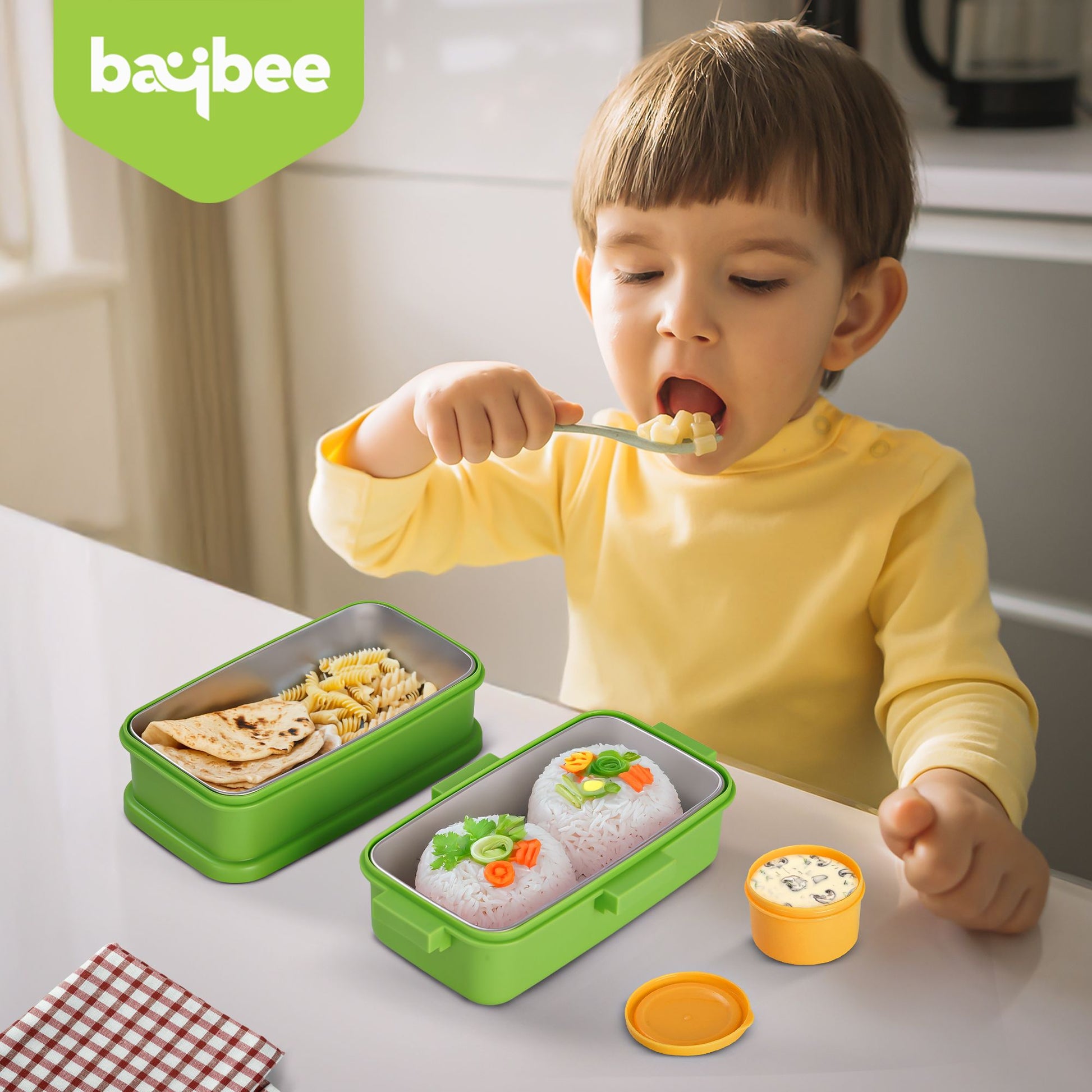 Baybee Premium Stainless Steel Lunch Box for Kids & Adults | BPA-Free Stackable Lunchbox with 2 Box (500ml+500ml) & 80ml Sauce Container, Leak Proof 4-Side Lock | Hot Microwave Safe Tiffin Box (Green)