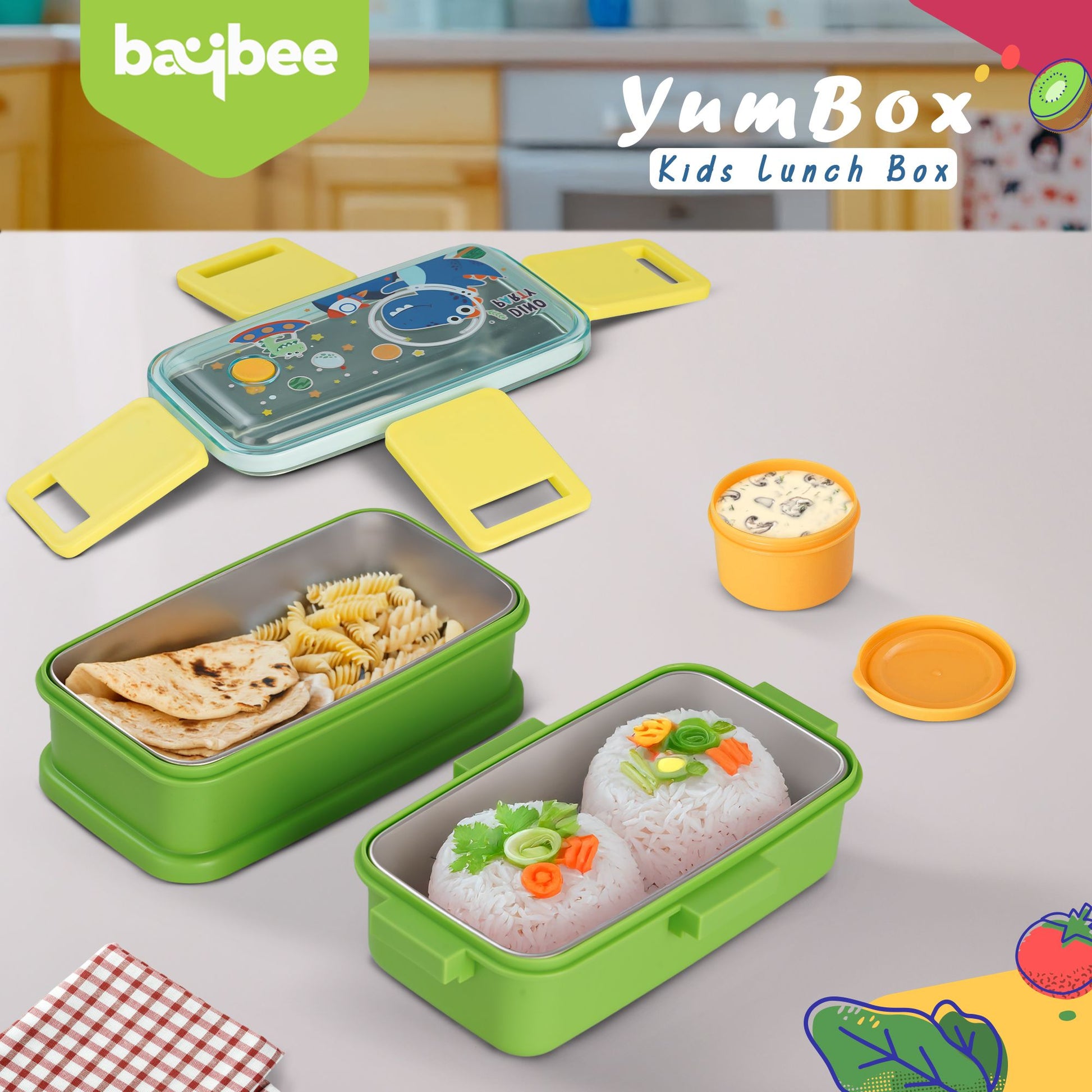Baybee Premium Stainless Steel Lunch Box for Kids & Adults | BPA-Free Stackable Lunchbox with 2 Box (500ml+500ml) & 80ml Sauce Container, Leak Proof 4-Side Lock | Hot Microwave Safe Tiffin Box (Green)