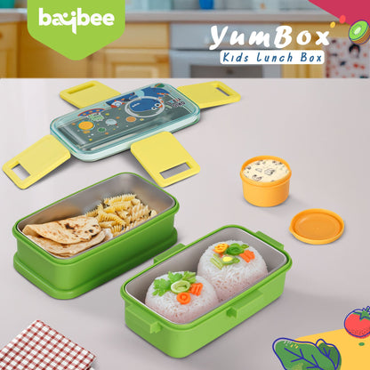 Baybee Premium Stainless Steel Lunch Box for Kids & Adults | BPA-Free Stackable Lunchbox with 2 Box (500ml+500ml) & 80ml Sauce Container, Leak Proof 4-Side Lock | Hot Microwave Safe Tiffin Box (Green)