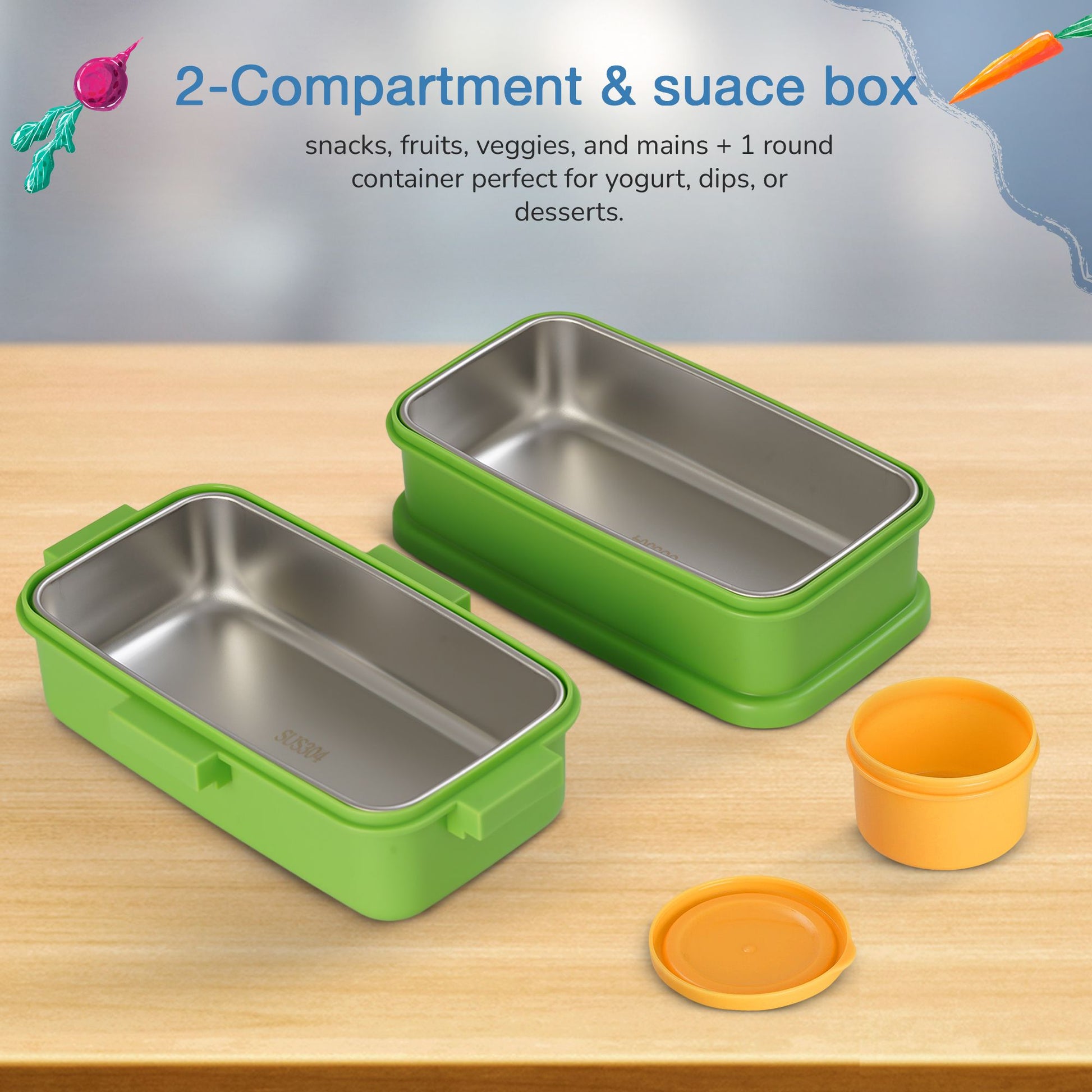 Baybee Premium Stainless Steel Lunch Box for Kids & Adults | BPA-Free Stackable Lunchbox with 2 Box (500ml+500ml) & 80ml Sauce Container, Leak Proof 4-Side Lock | Hot Microwave Safe Tiffin Box (Green)