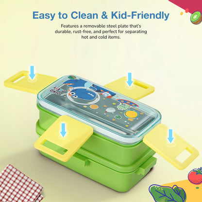 Baybee Premium Stainless Steel Lunch Box for Kids & Adults | BPA-Free Stackable Lunchbox with 2 Box (500ml+500ml) & 80ml Sauce Container, Leak Proof 4-Side Lock | Hot Microwave Safe Tiffin Box (Green)