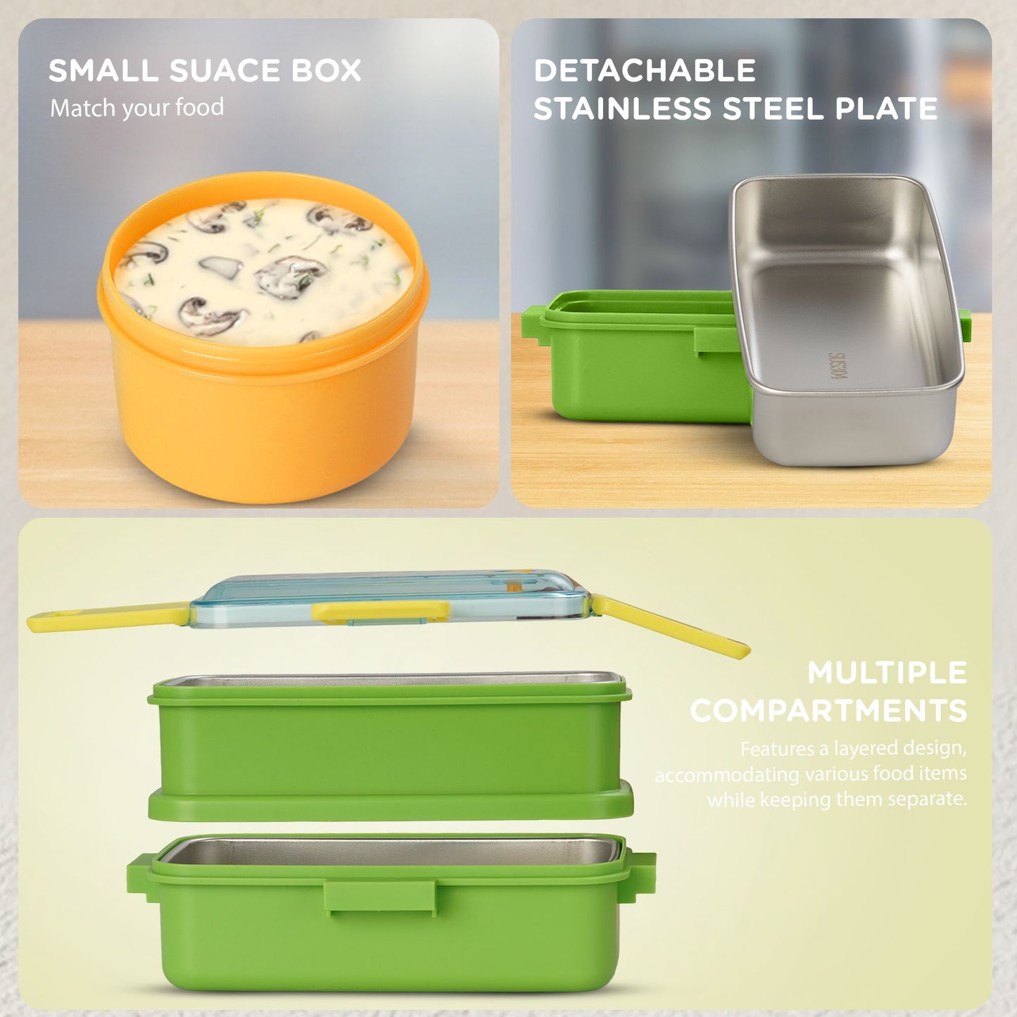 Baybee Premium Stainless Steel Lunch Box for Kids & Adults | BPA-Free Stackable Lunchbox with 2 Box (500ml+500ml) & 80ml Sauce Container, Leak Proof 4-Side Lock | Hot Microwave Safe Tiffin Box (Green)