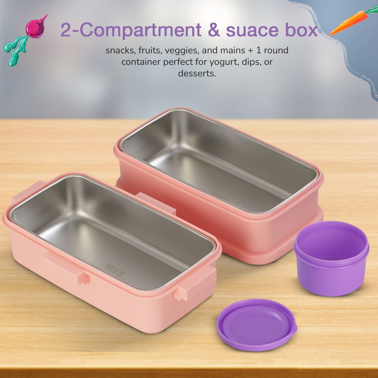 BAYBEE Premium Stainless Steel Lunch Box for Kids & Adults | BPA-Free Stackable Lunchbox with 2 Box (500ml+500ml) & 80ml Sauce Container, Leak Proof 4-Side Lock | Hot Microwave Safe Tiffin Box (Pink)