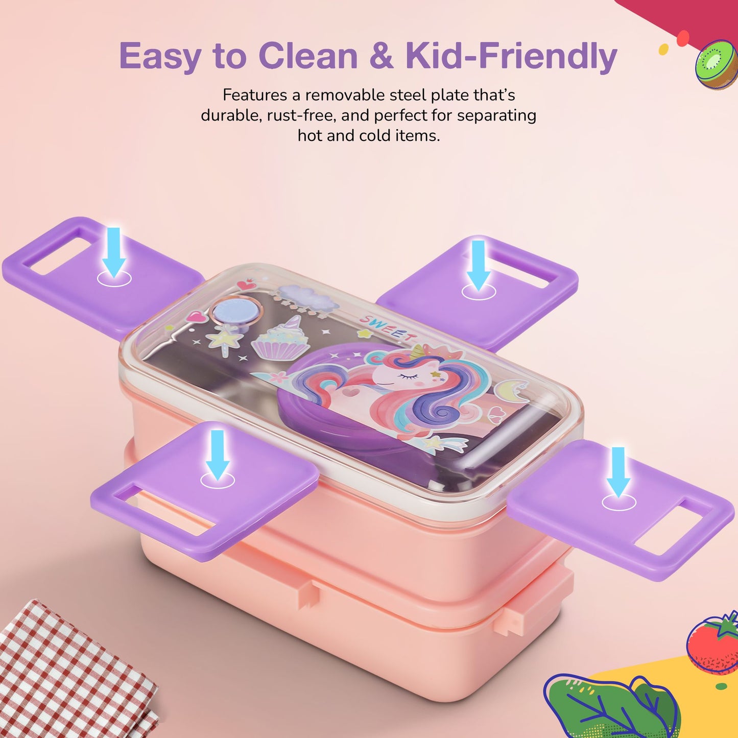 BAYBEE Premium Stainless Steel Lunch Box for Kids & Adults | BPA-Free Stackable Lunchbox with 2 Box (500ml+500ml) & 80ml Sauce Container, Leak Proof 4-Side Lock | Hot Microwave Safe Tiffin Box (Pink)