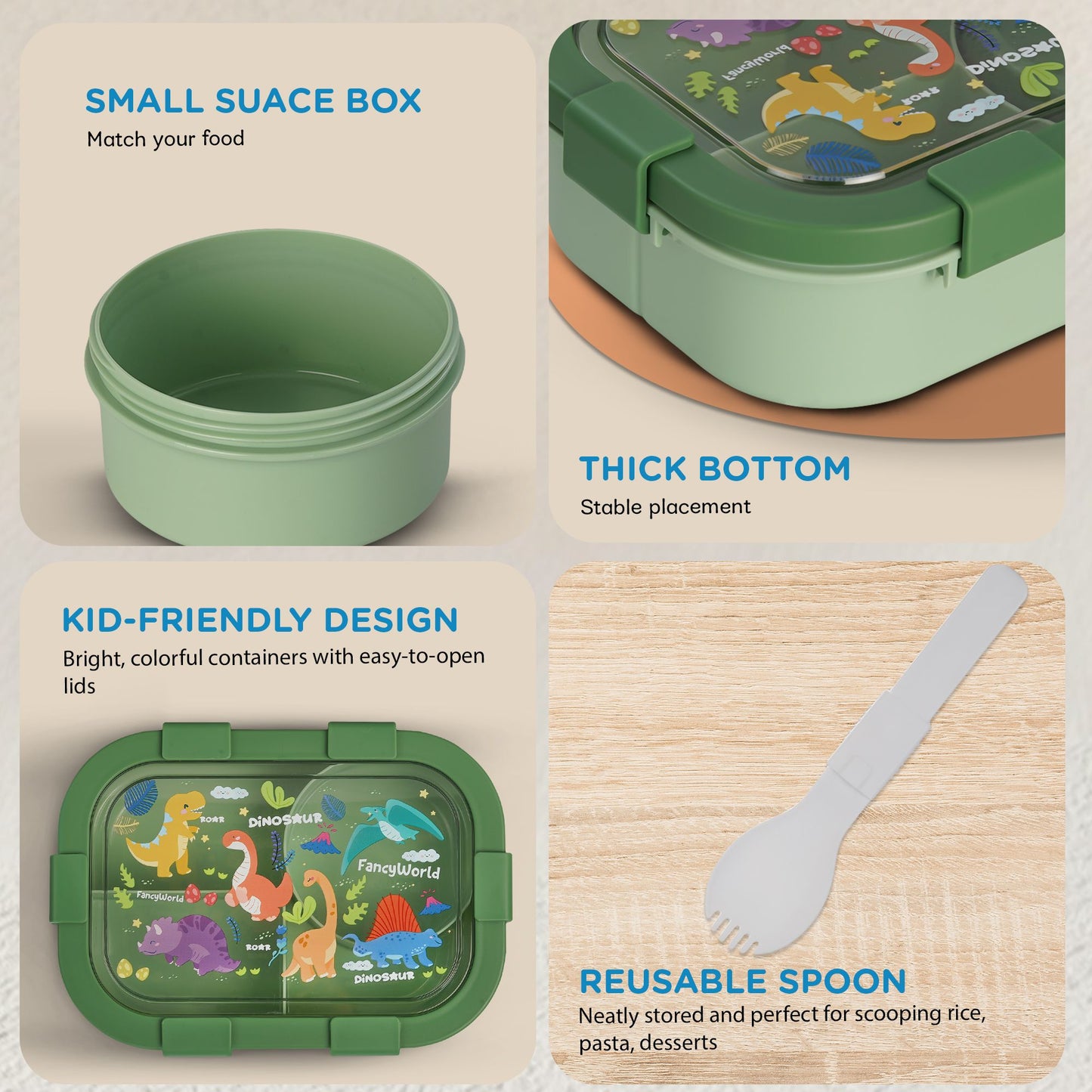 BAYBEE Dinosaur Kids Lunch Box with 4 Compartments & Sauce Container | BPA-Free Airtight Bento Box 1000ml + 250ml with 6-Side Locking System | Hot Food Tiffin Box for School Kids Boys, Girls (Green)