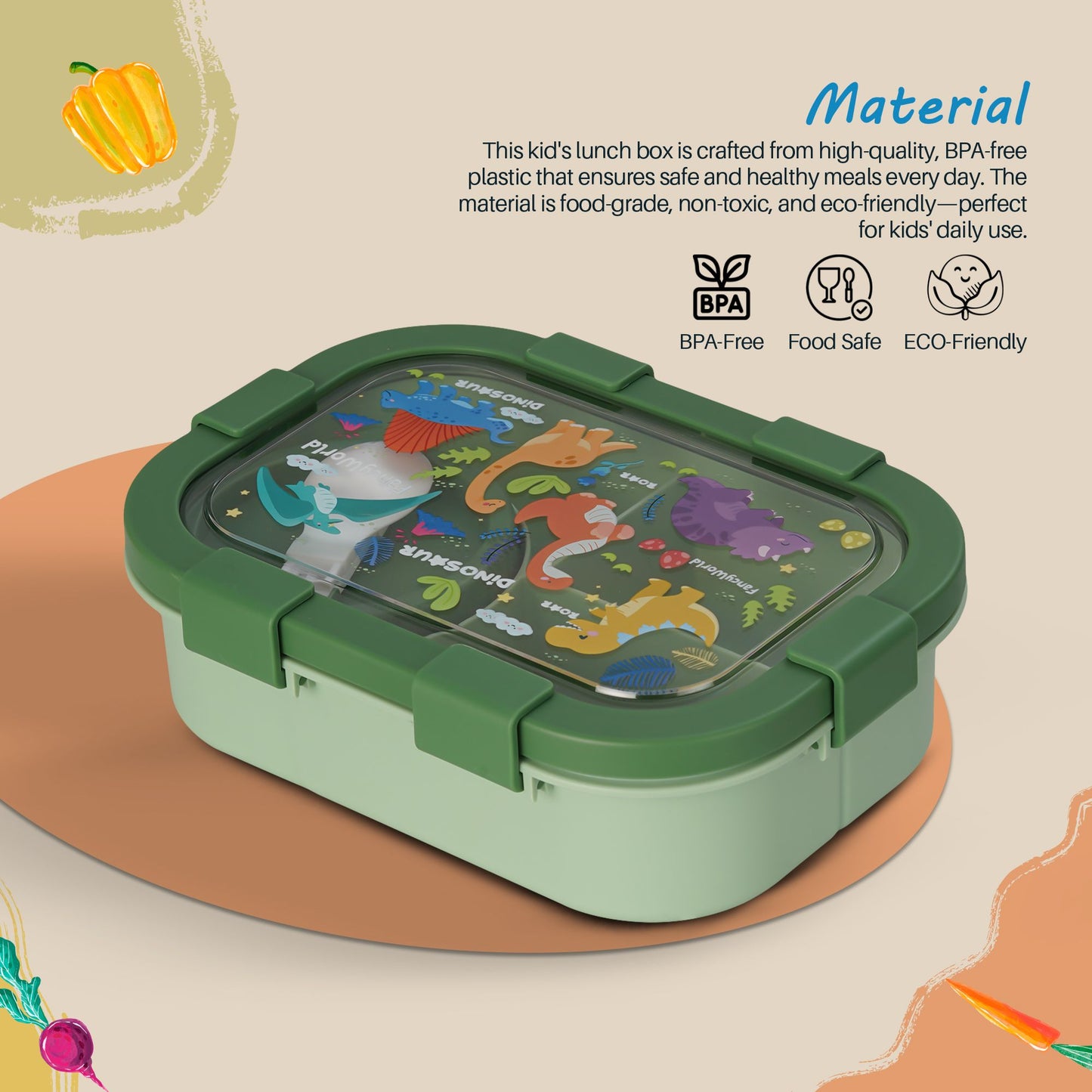 BAYBEE Dinosaur Kids Lunch Box with 4 Compartments & Sauce Container | BPA-Free Airtight Bento Box 1000ml + 250ml with 6-Side Locking System | Hot Food Tiffin Box for School Kids Boys, Girls (Green)