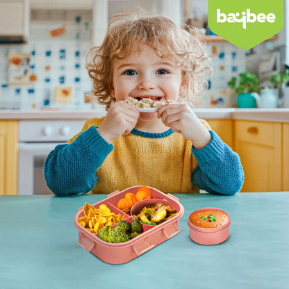 Baybee Fairy Garden Kids Lunch Box with 4 Compartments & Sauce Container | BPA-Free Airtight Bento Box 1000ml + 250ml with 6-Side Locking System | Hot Food Tiffin Box for School Kids Boys,Girls (Pink)