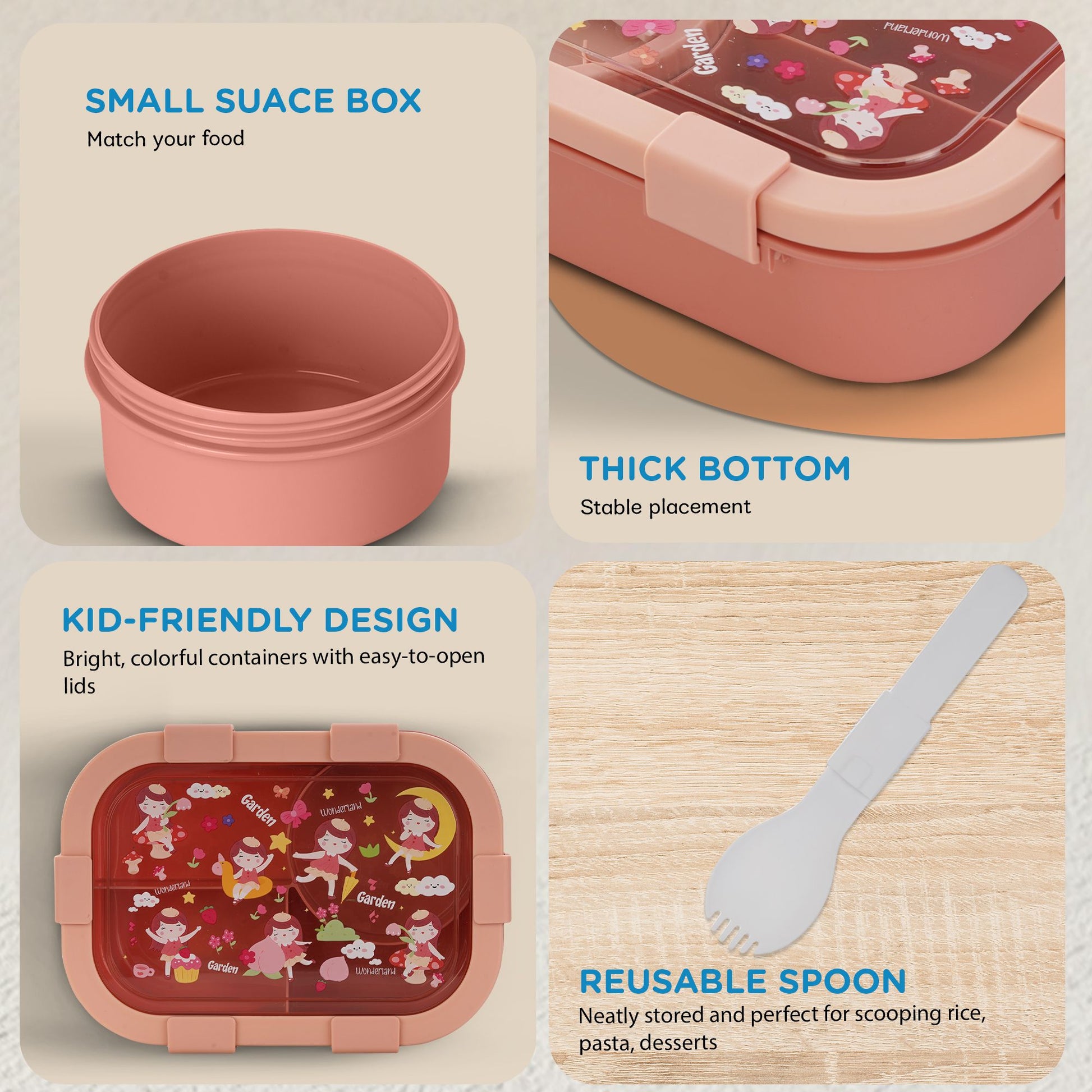 Baybee Fairy Garden Kids Lunch Box with 4 Compartments & Sauce Container | BPA-Free Airtight Bento Box 1000ml + 250ml with 6-Side Locking System | Hot Food Tiffin Box for School Kids Boys,Girls (Pink)